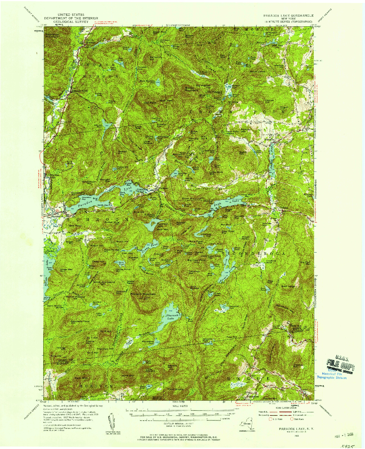 USGS 1:62500-SCALE QUADRANGLE FOR PARADOX LAKE, NY 1953