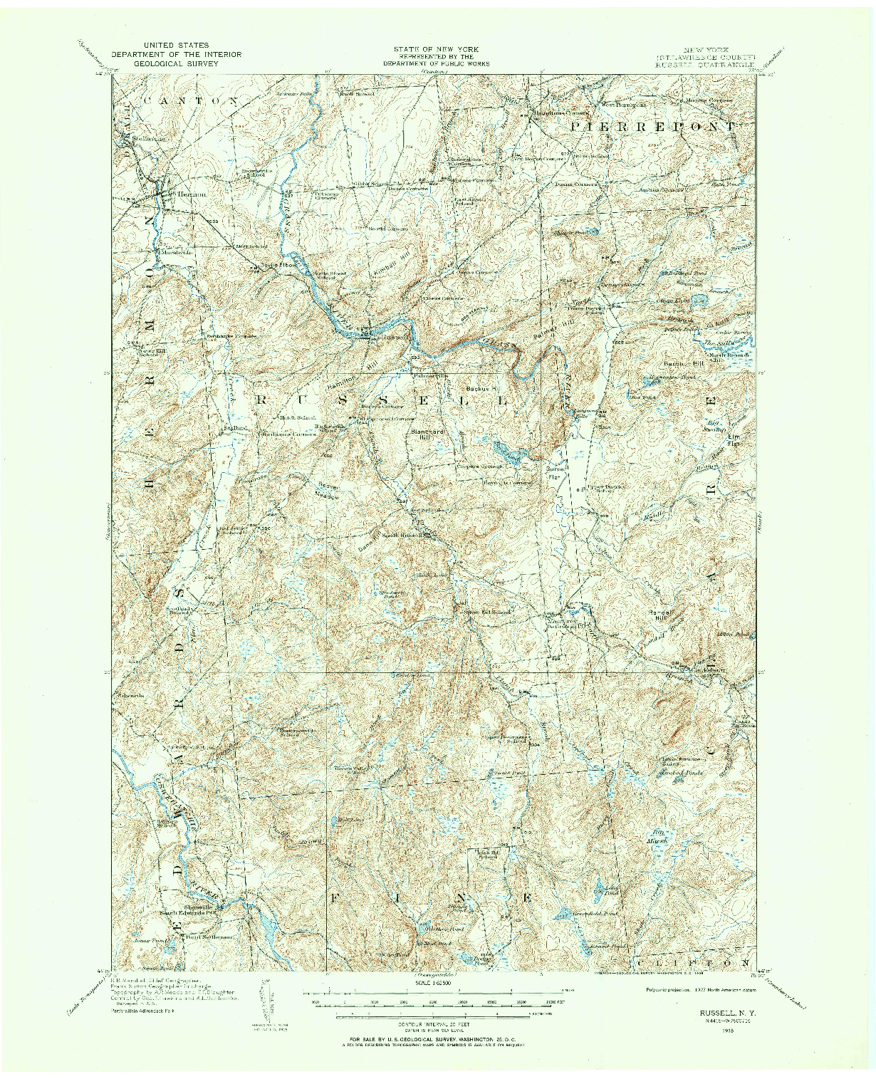 USGS 1:62500-SCALE QUADRANGLE FOR RUSSELL, NY 1915