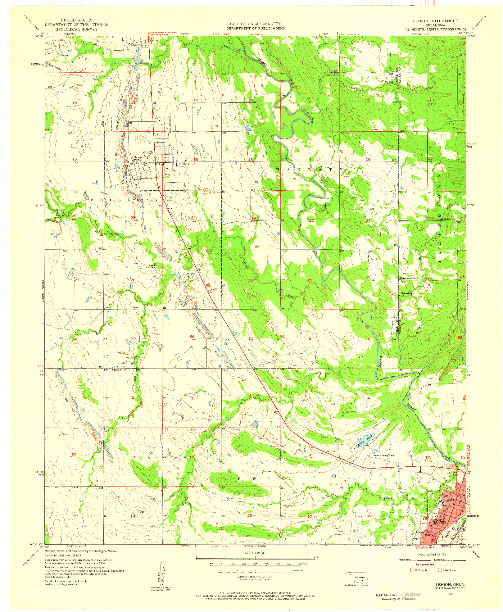 USGS 1:24000-SCALE QUADRANGLE FOR LEHIGH, OK 1957