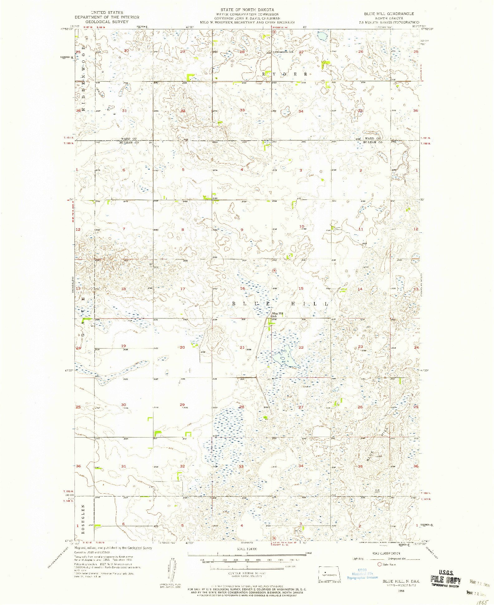 USGS 1:24000-SCALE QUADRANGLE FOR BLUE HILL, ND 1956