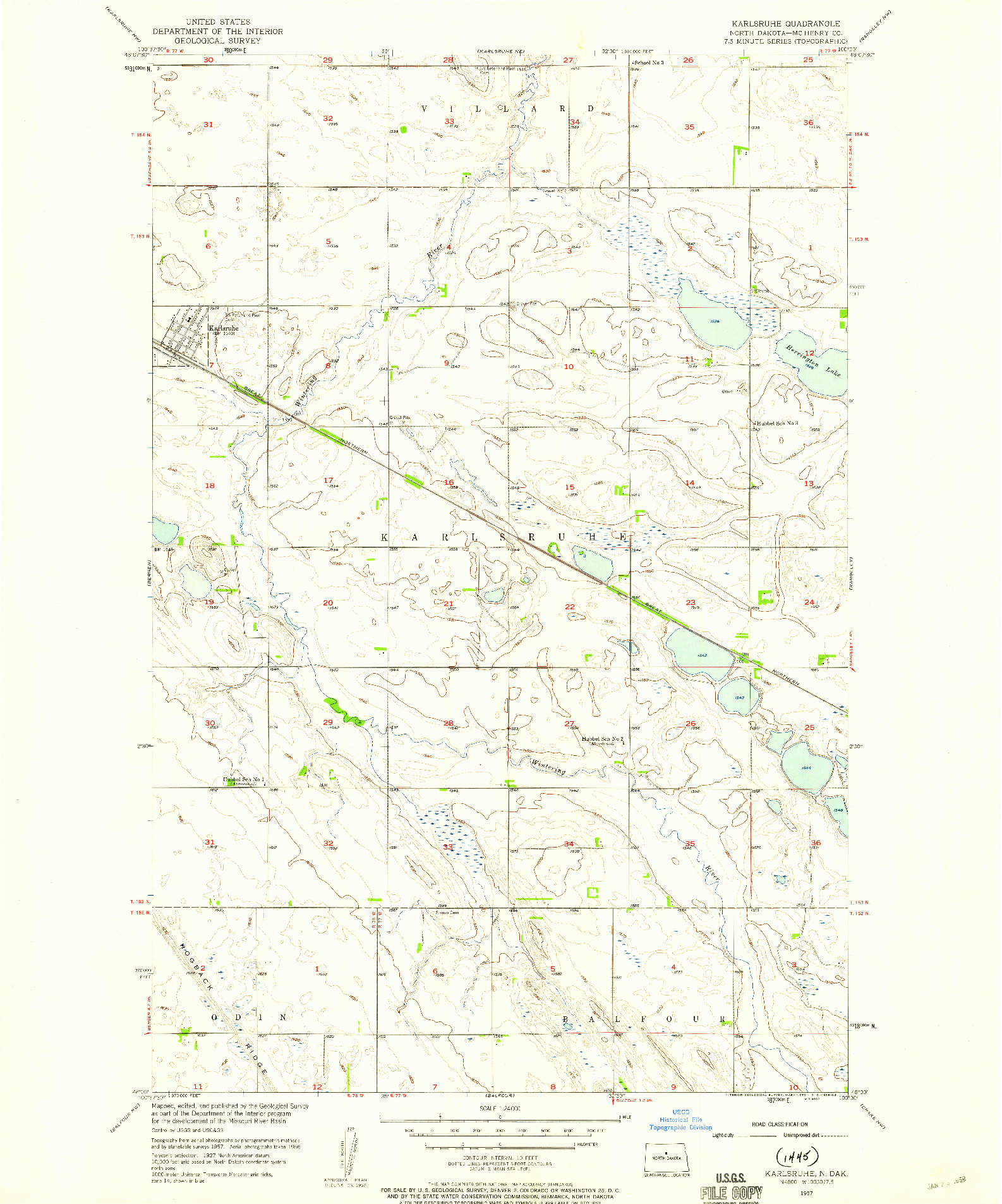 USGS 1:24000-SCALE QUADRANGLE FOR KARLSRUHE, ND 1957