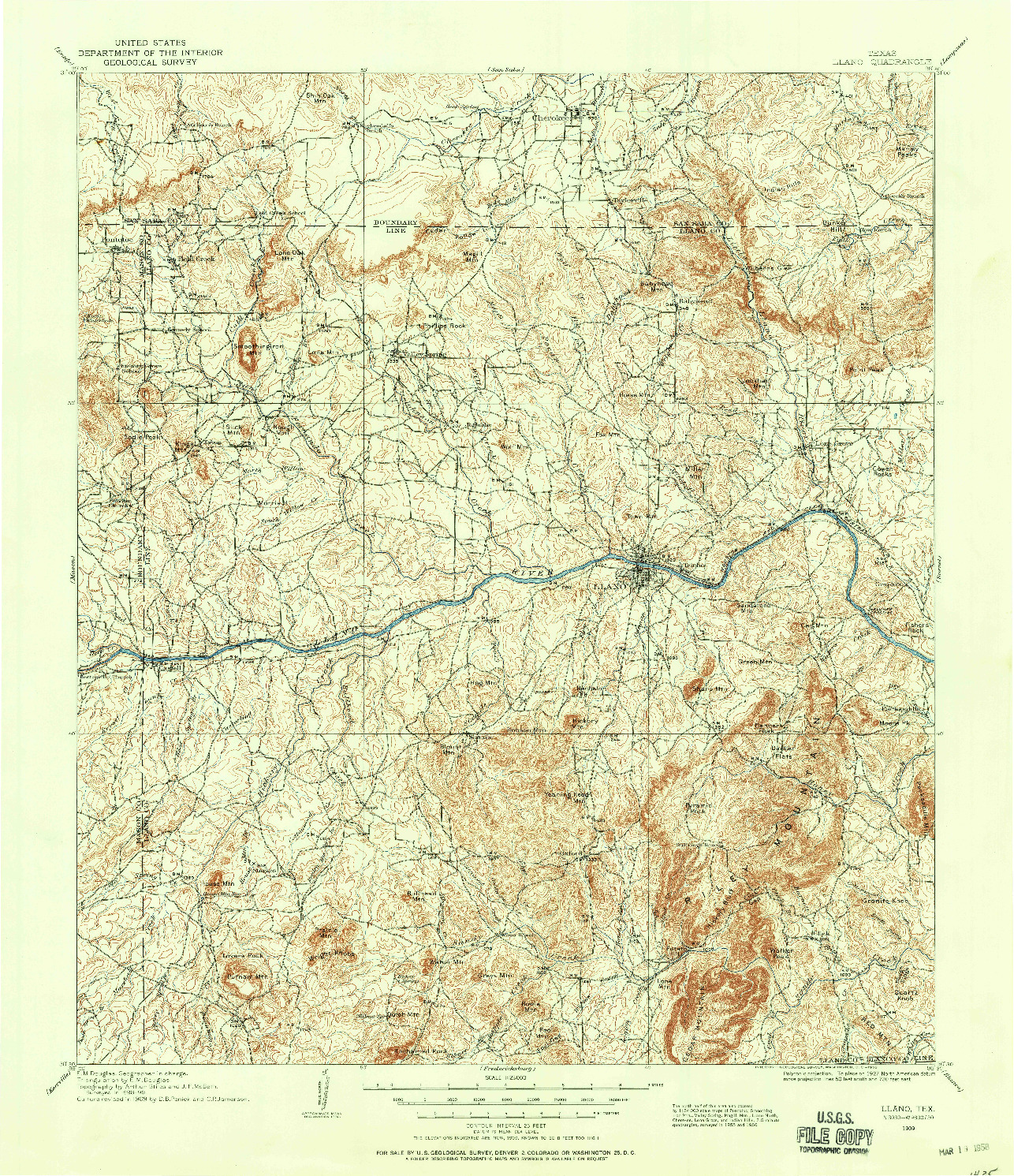 USGS 1:125000-SCALE QUADRANGLE FOR LLANO, TX 1909