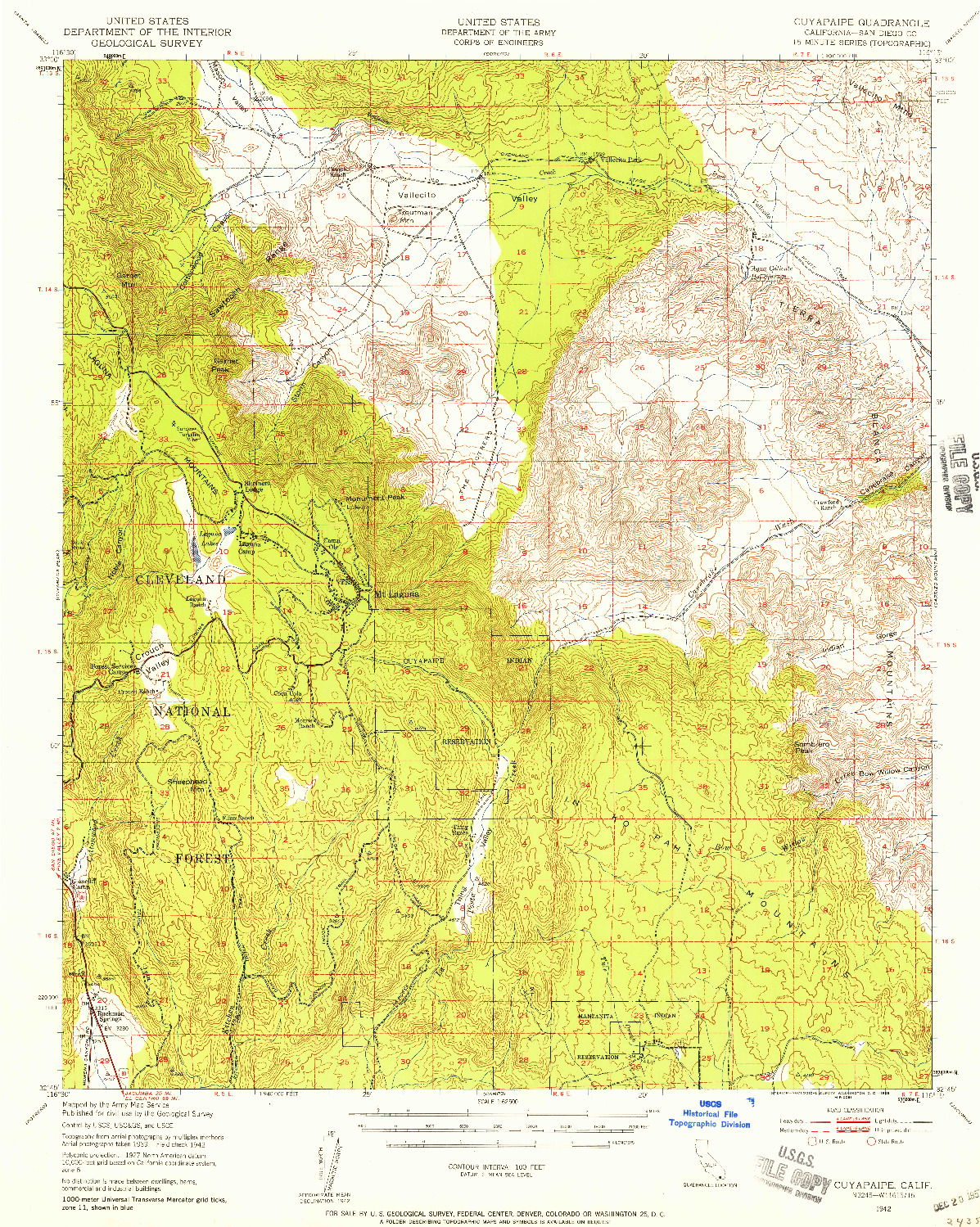 USGS 1:62500-SCALE QUADRANGLE FOR CUYAPAIPE, CA 1942