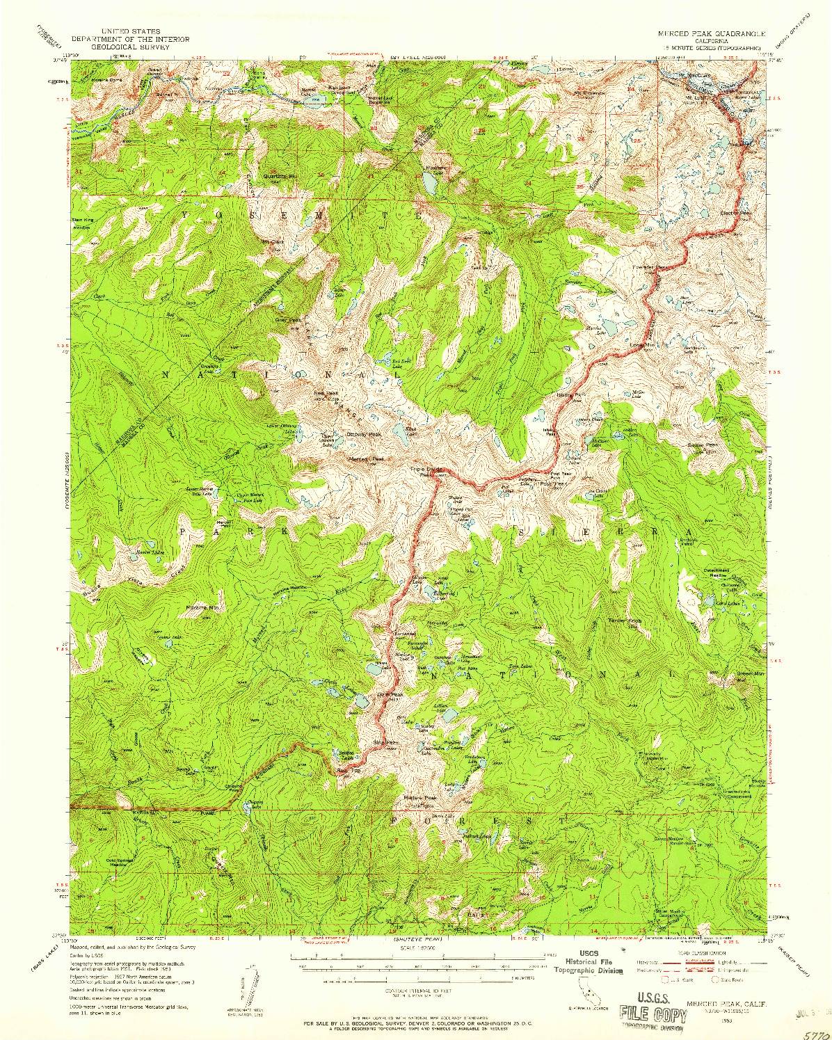 USGS 1:62500-SCALE QUADRANGLE FOR MERCED PEAK, CA 1953