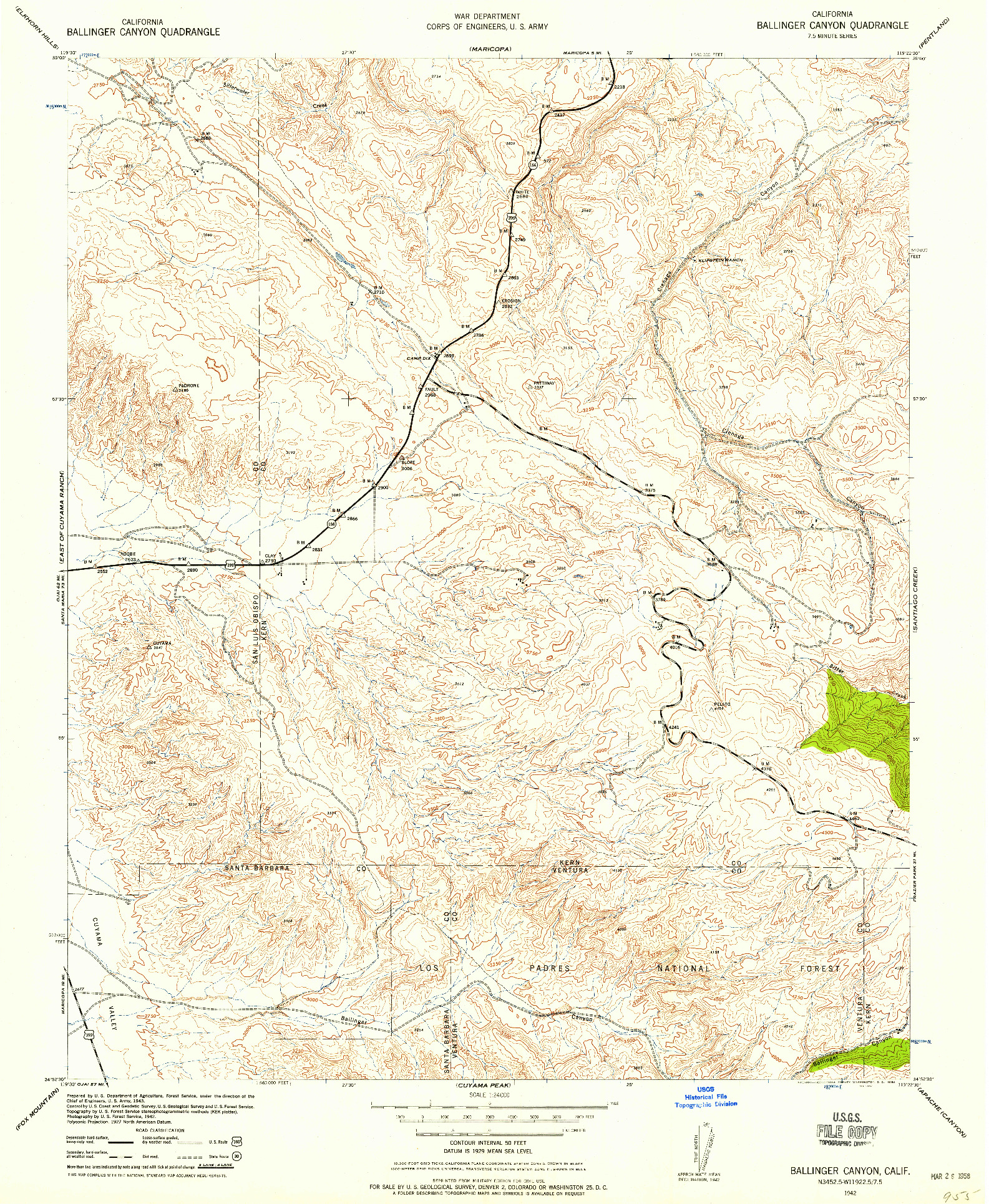 USGS 1:24000-SCALE QUADRANGLE FOR BALLINGER CANYON, CA 1942