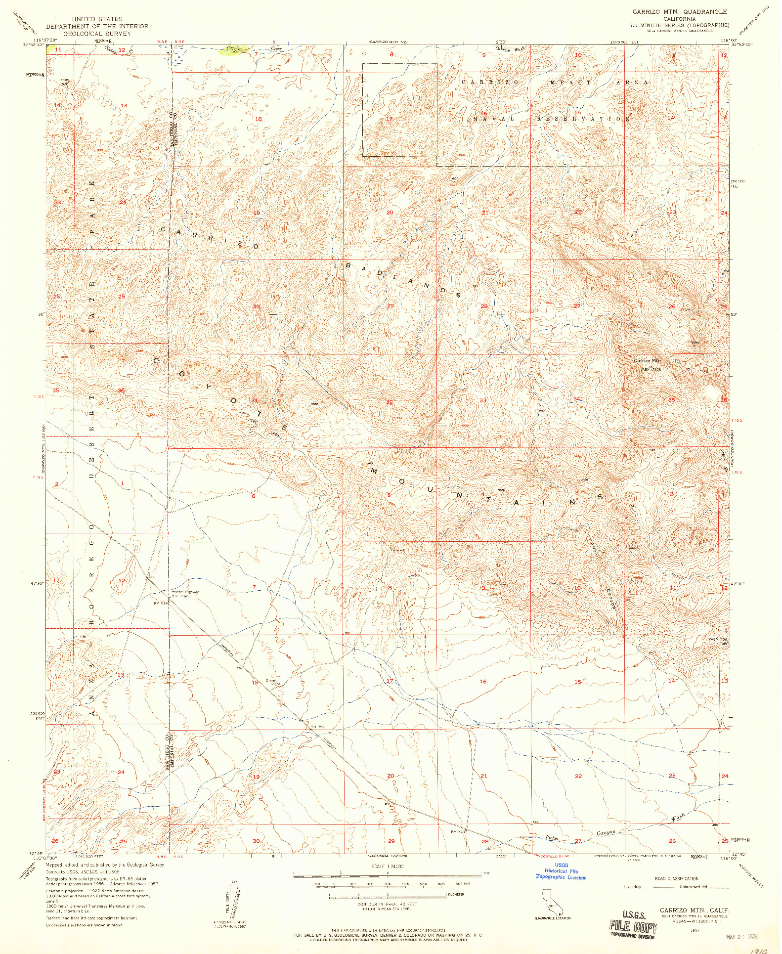 USGS 1:24000-SCALE QUADRANGLE FOR CARRIZO MTN, CA 1957