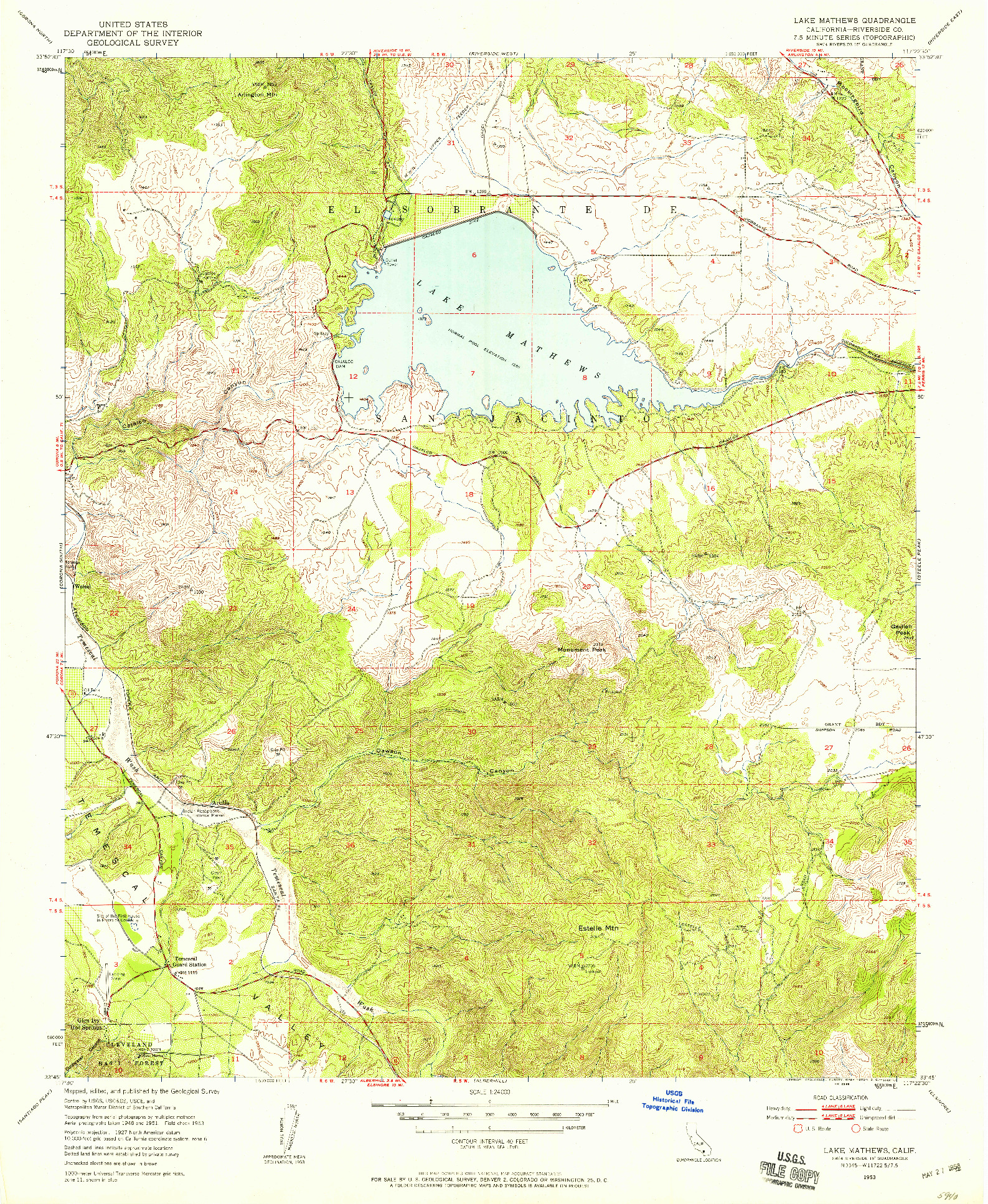 USGS 1:24000-SCALE QUADRANGLE FOR LAKE MATHEWS, CA 1953