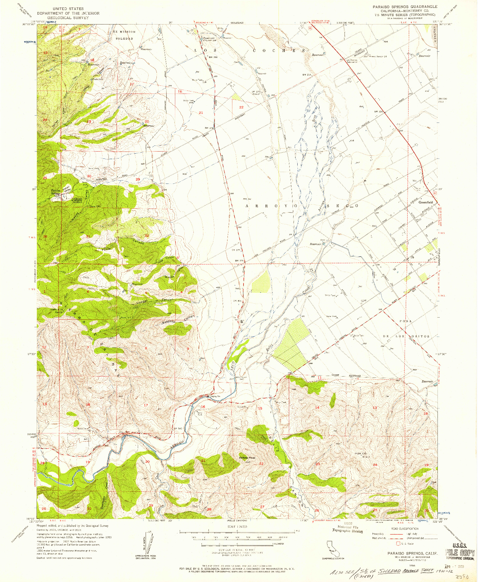 USGS 1:24000-SCALE QUADRANGLE FOR PARAISO SPRINGS, CA 1956