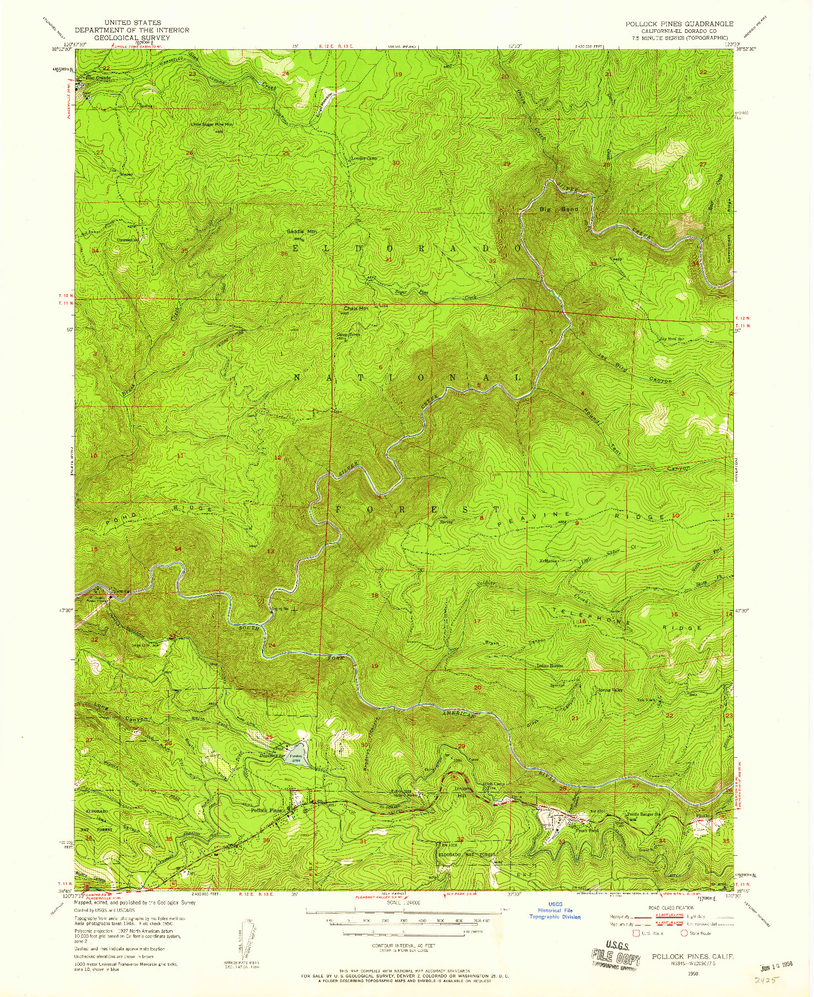 USGS 1:24000-SCALE QUADRANGLE FOR POLLOCK PINES, CA 1950