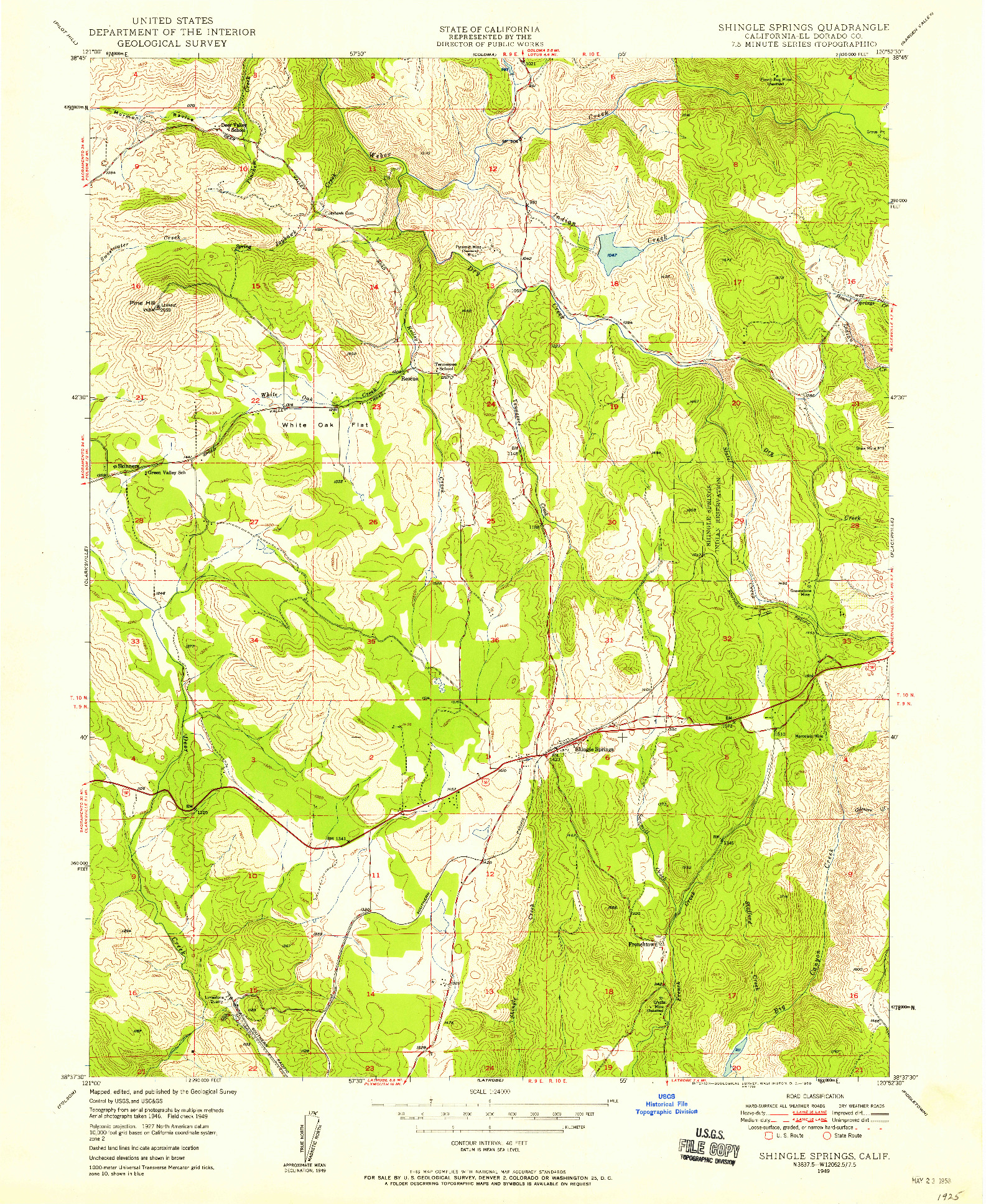 USGS 1:24000-SCALE QUADRANGLE FOR SHINGLE SPRINGS, CA 1949