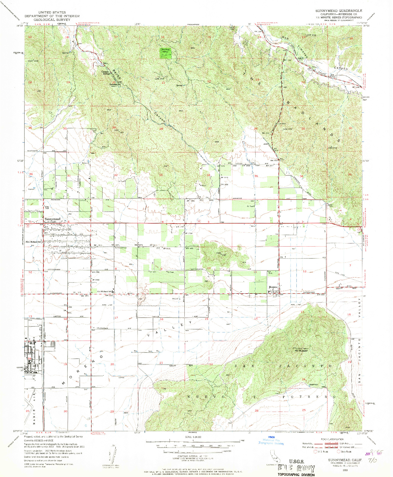 USGS 1:24000-SCALE QUADRANGLE FOR SUNNYMEAD, CA 1953