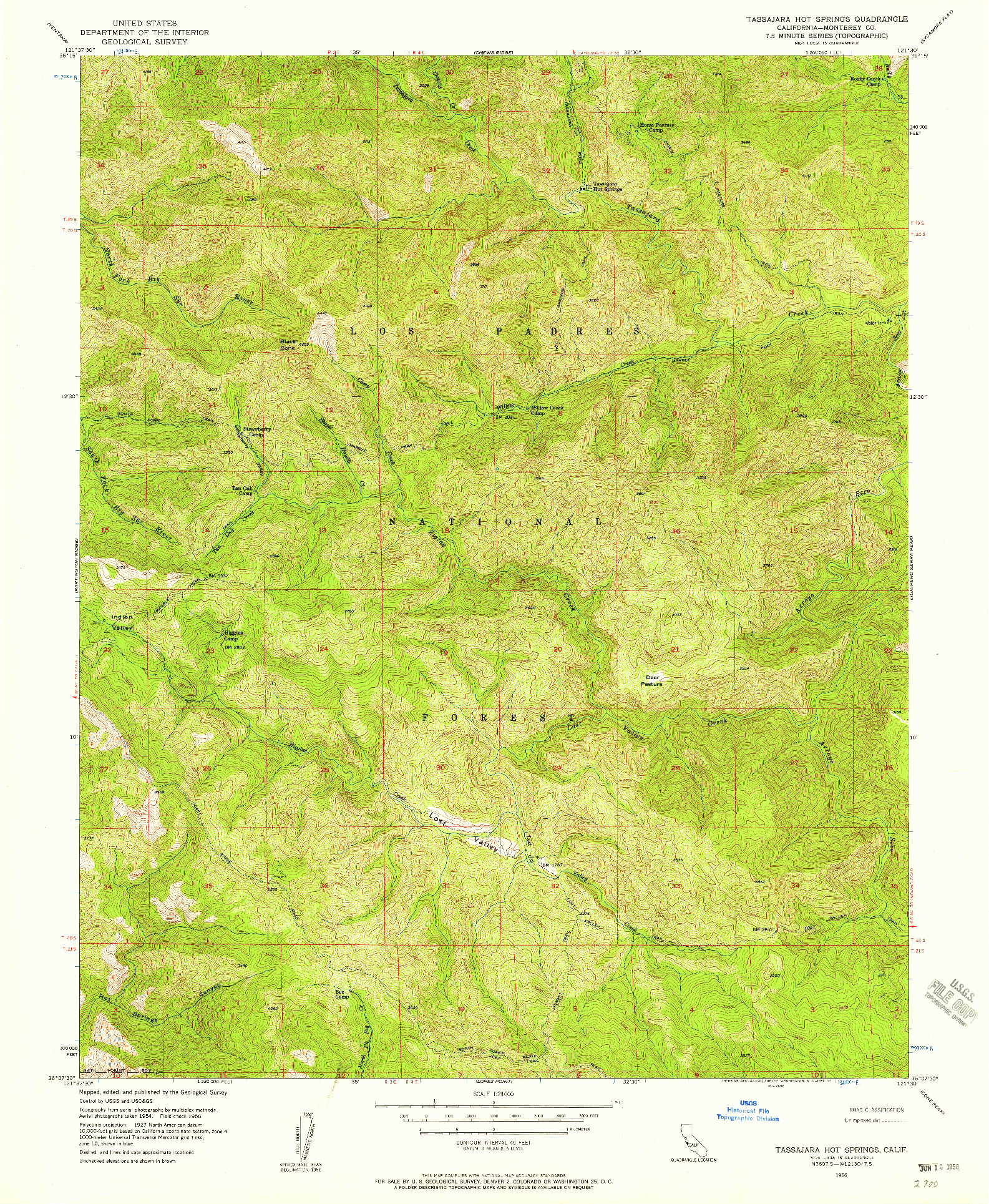 USGS 1:24000-SCALE QUADRANGLE FOR TASSAJARA HOT SPRINGS, CA 1956