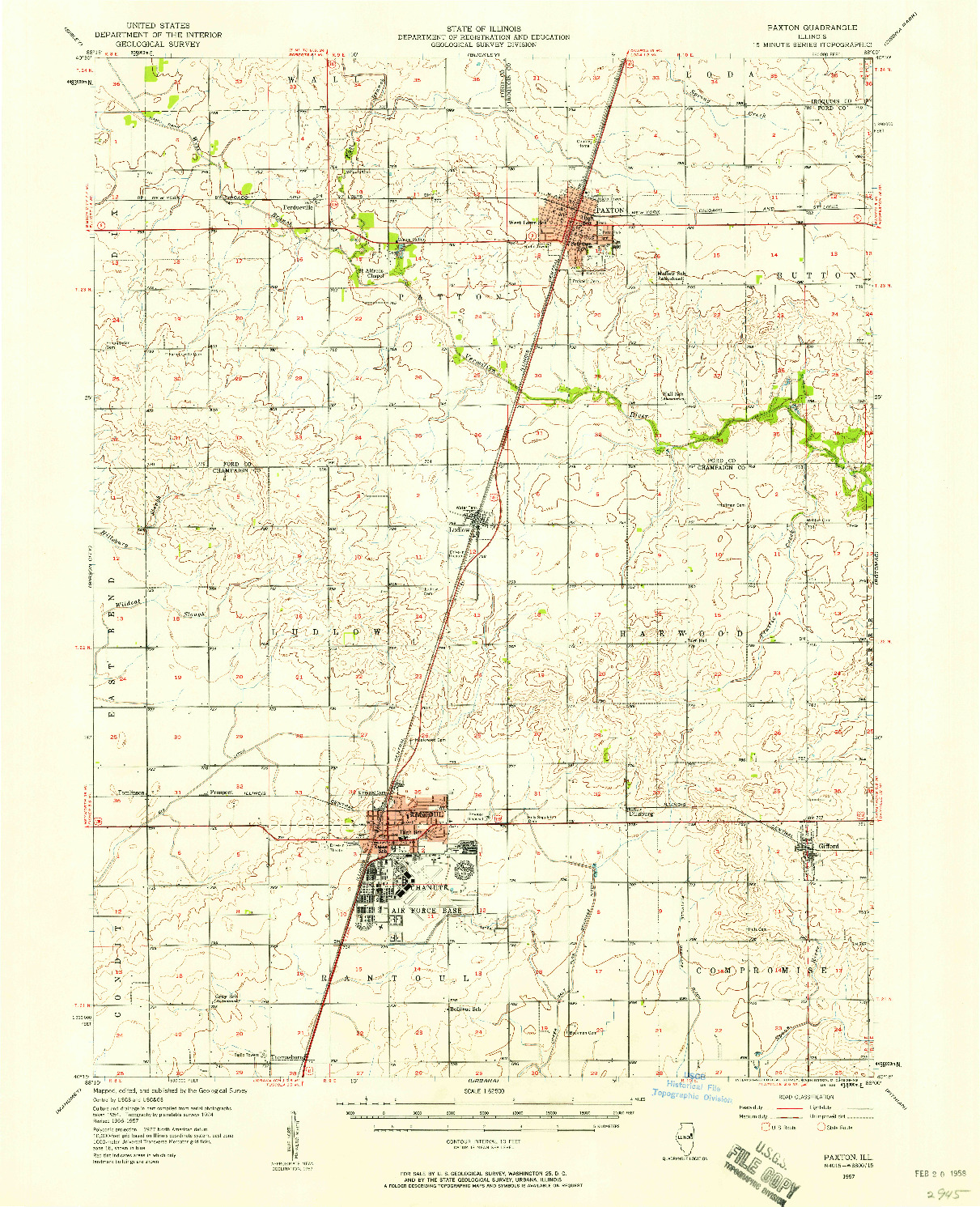 USGS 1:62500-SCALE QUADRANGLE FOR PAXTON, IL 1957