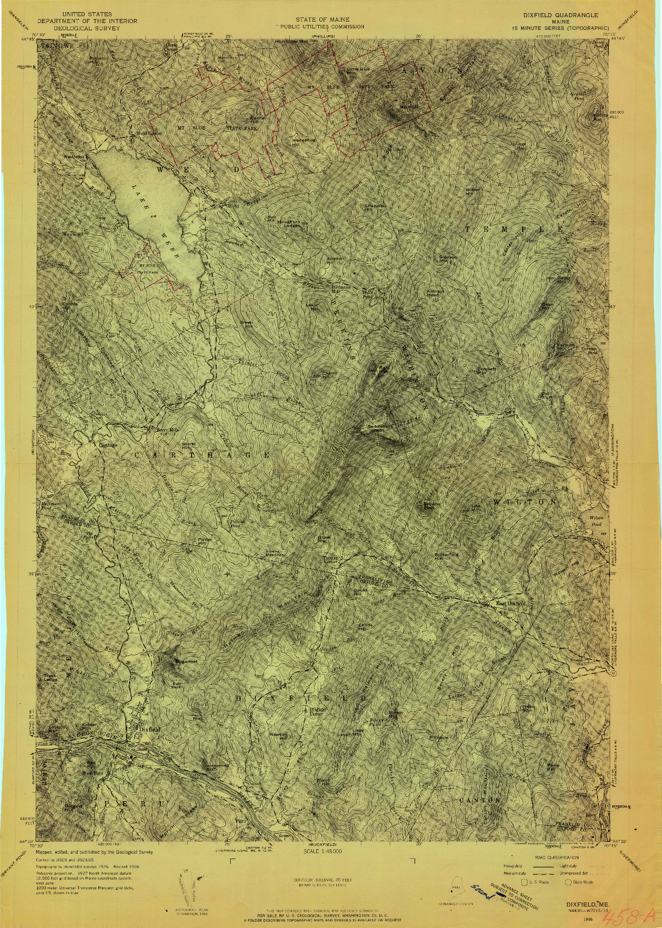 USGS 1:48000-SCALE QUADRANGLE FOR DIXFIELD, ME 1956