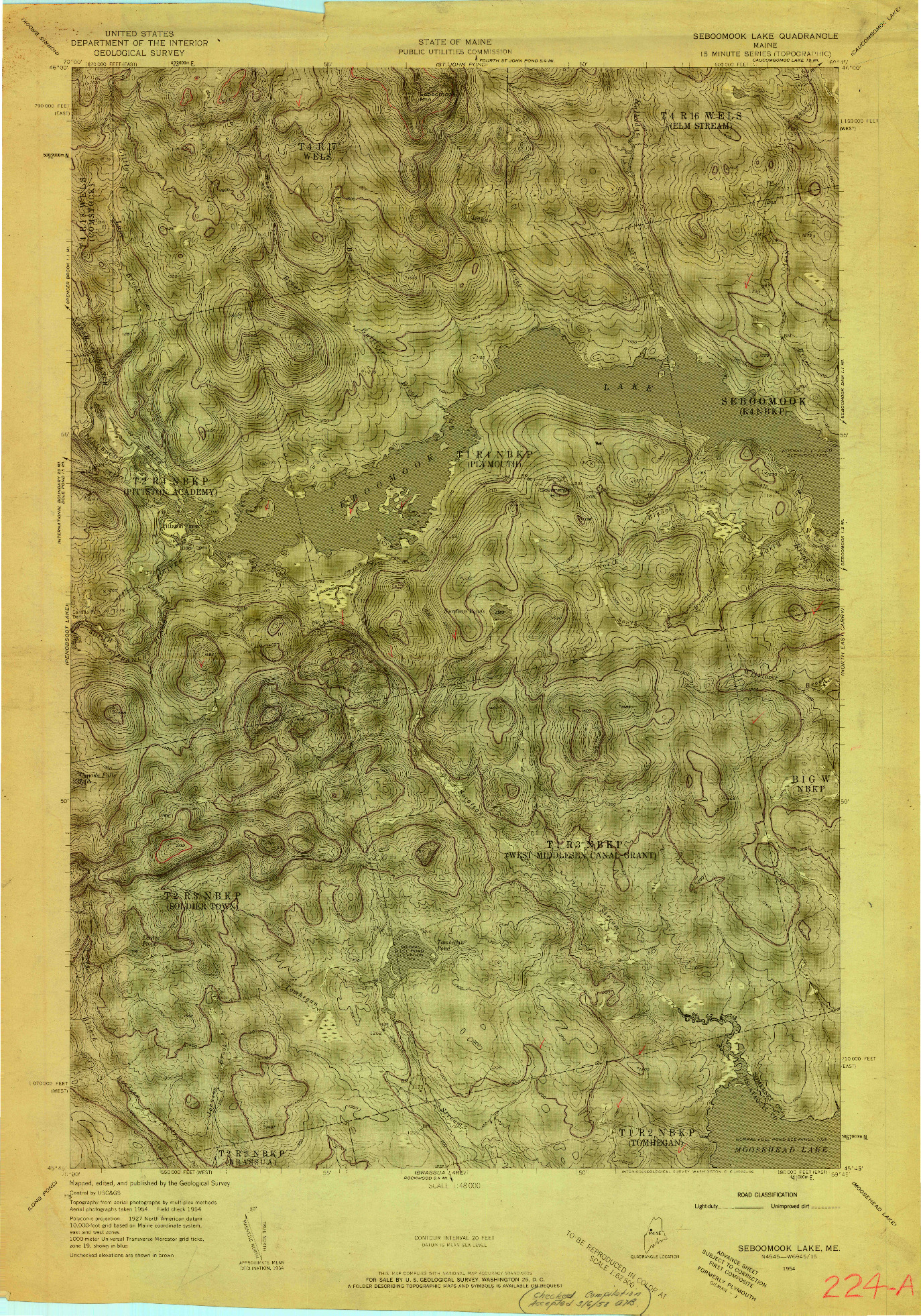 USGS 1:48000-SCALE QUADRANGLE FOR SEBOOMOOK LAKE, ME 1954