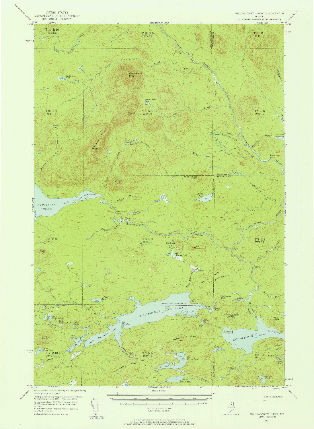 USGS 1:62500-SCALE QUADRANGLE FOR MILLINOCKET LAKE, ME 1954