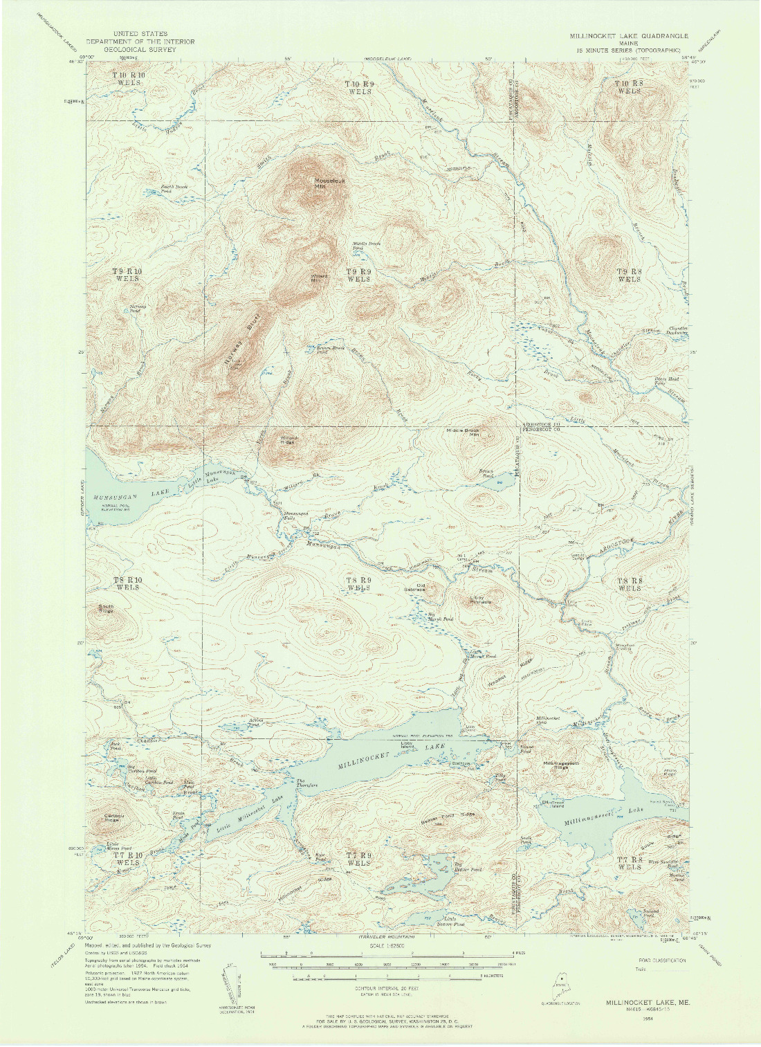 USGS 1:62500-SCALE QUADRANGLE FOR MILLINOCKET LAKE, ME 1954