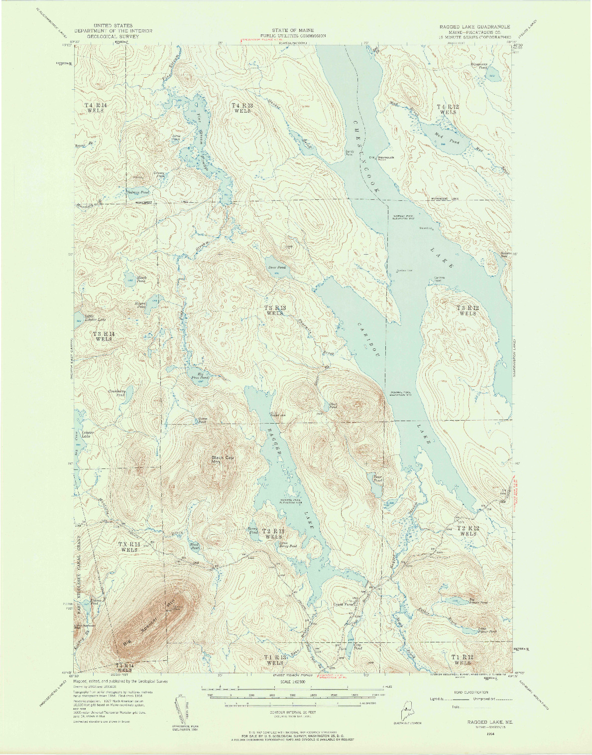 USGS 1:62500-SCALE QUADRANGLE FOR RAGGED LAKE, ME 1954