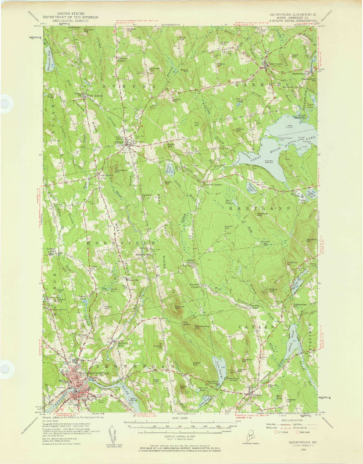 USGS 1:62500-SCALE QUADRANGLE FOR SKOWHEGAN, ME 1955