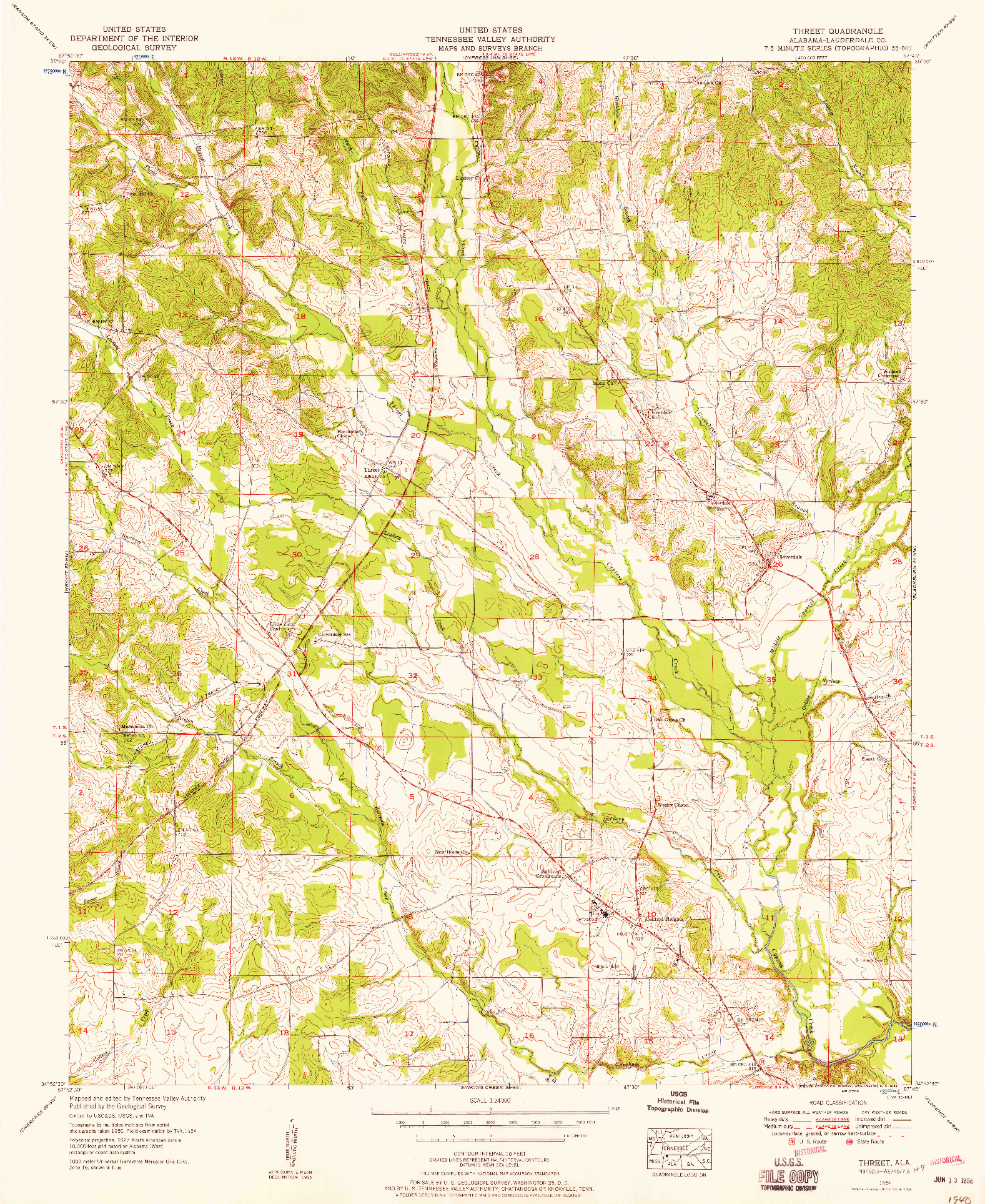 USGS 1:24000-SCALE QUADRANGLE FOR THREET, AL 1954