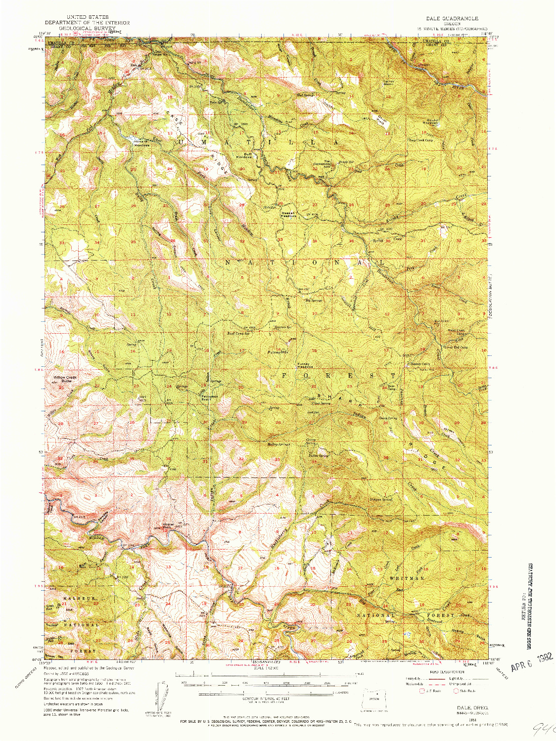 USGS 1:62500-SCALE QUADRANGLE FOR DALE, OR 1951