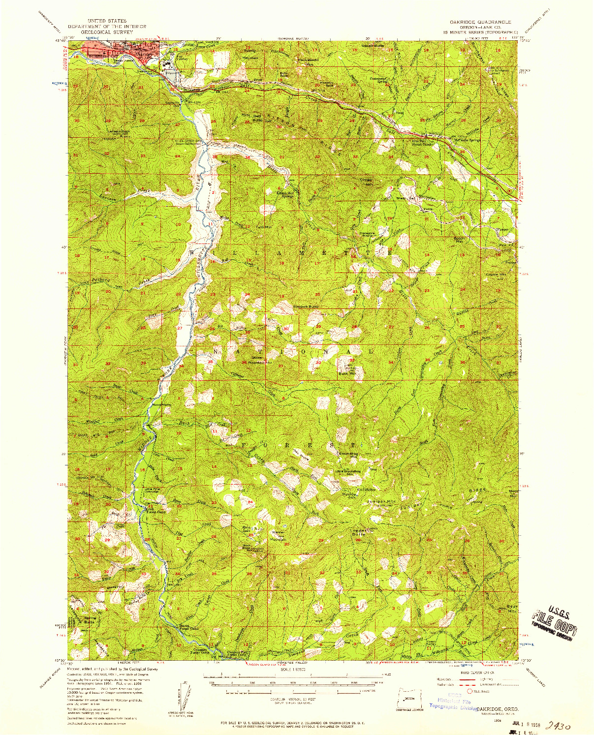 USGS 1:62500-SCALE QUADRANGLE FOR OAKRIDGE, OR 1956