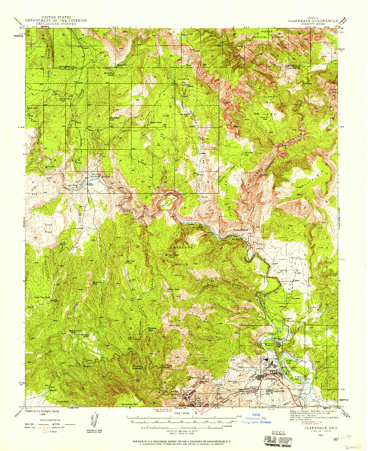 USGS 1:62500-SCALE QUADRANGLE FOR CLARKDALE, AZ 1944