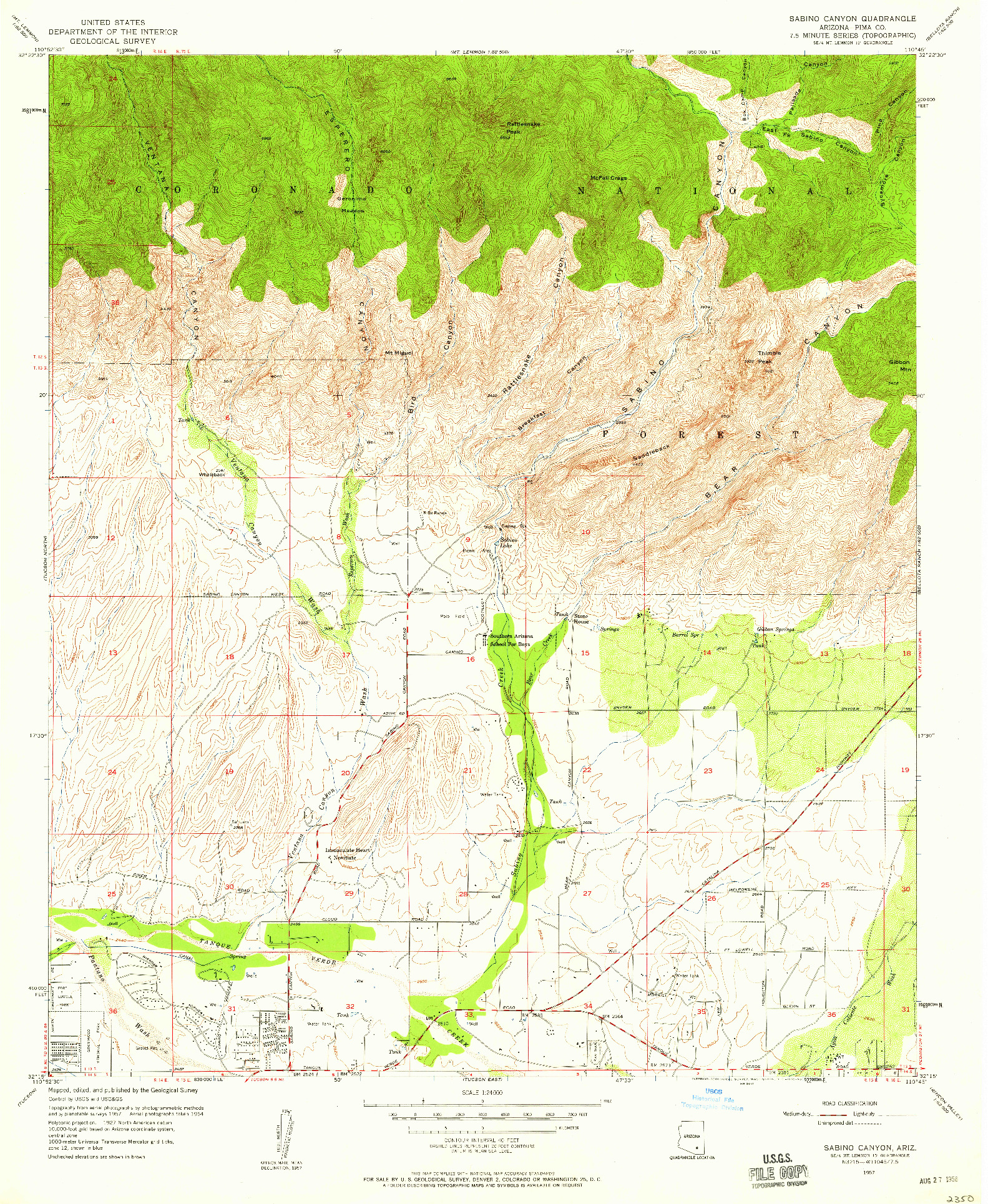 USGS 1:24000-SCALE QUADRANGLE FOR SABINO CANYON, AZ 1957