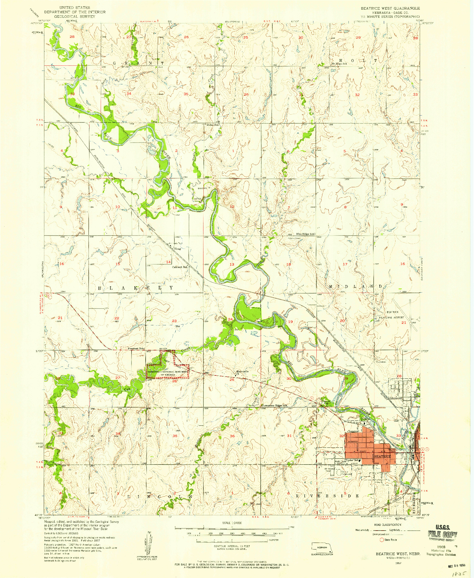 USGS 1:24000-SCALE QUADRANGLE FOR BEATRICE WEST, NE 1957