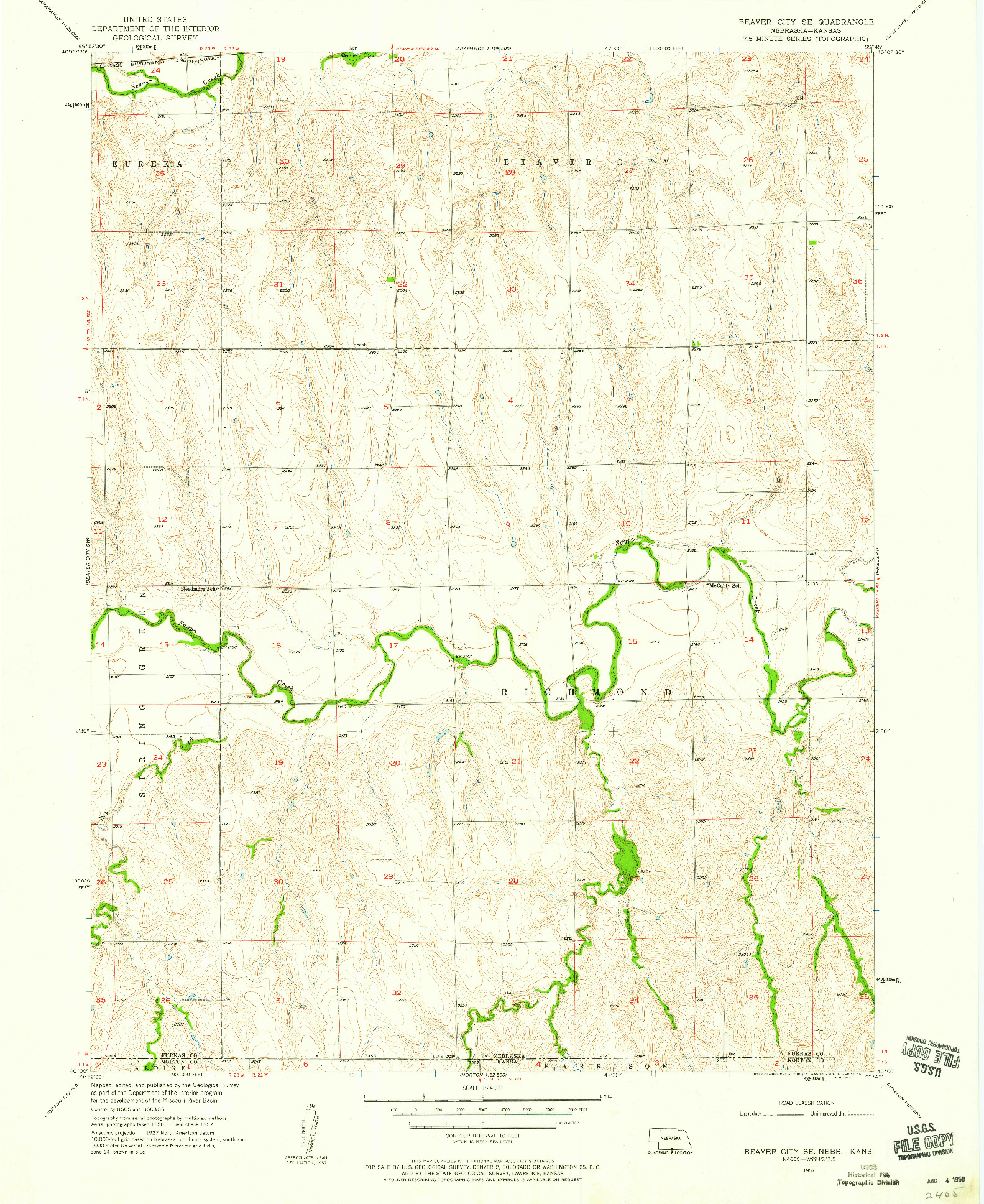 USGS 1:24000-SCALE QUADRANGLE FOR BEAVER CITY SE, NE 1957