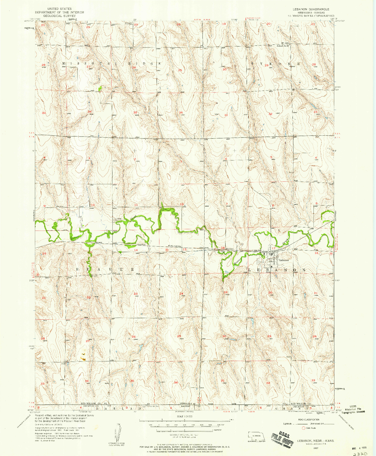 USGS 1:24000-SCALE QUADRANGLE FOR LEBANON, NE 1957