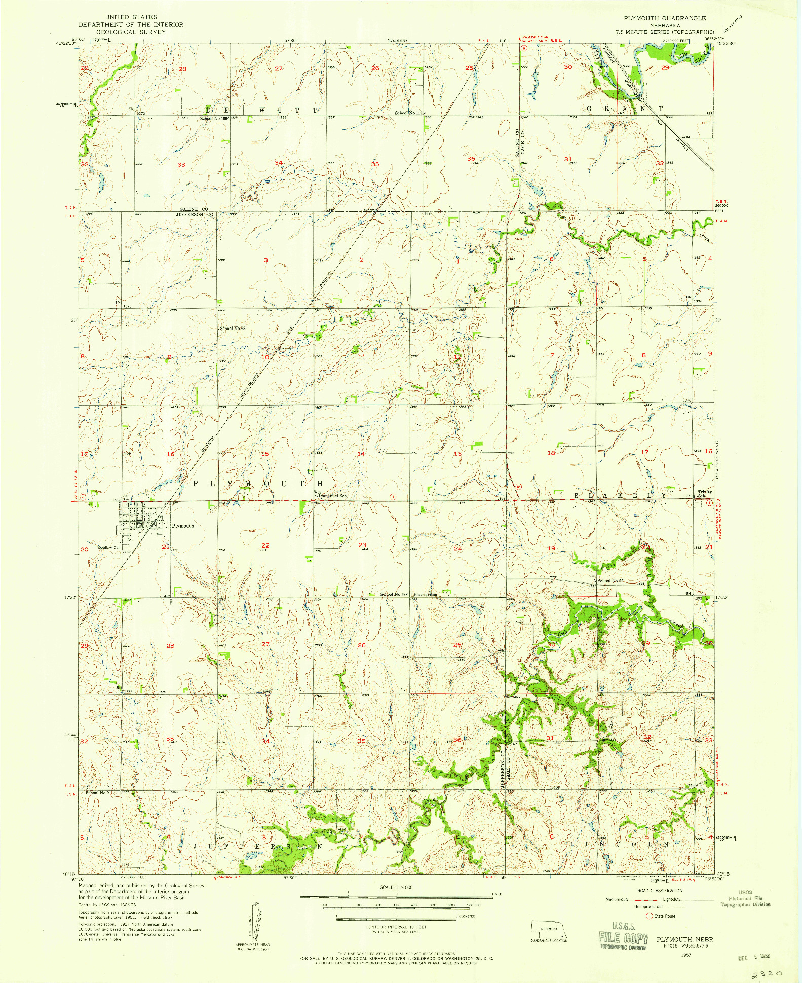 USGS 1:24000-SCALE QUADRANGLE FOR PLYMOUTH, NE 1957