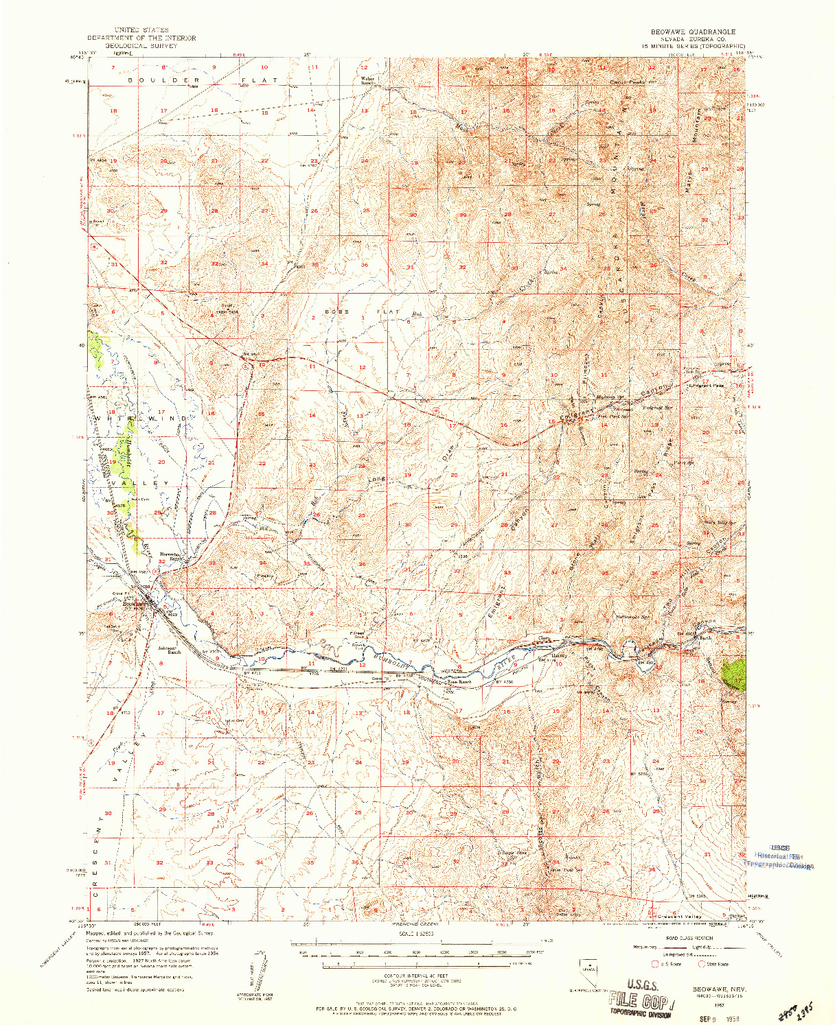 USGS 1:62500-SCALE QUADRANGLE FOR BEOWAWE, NV 1957