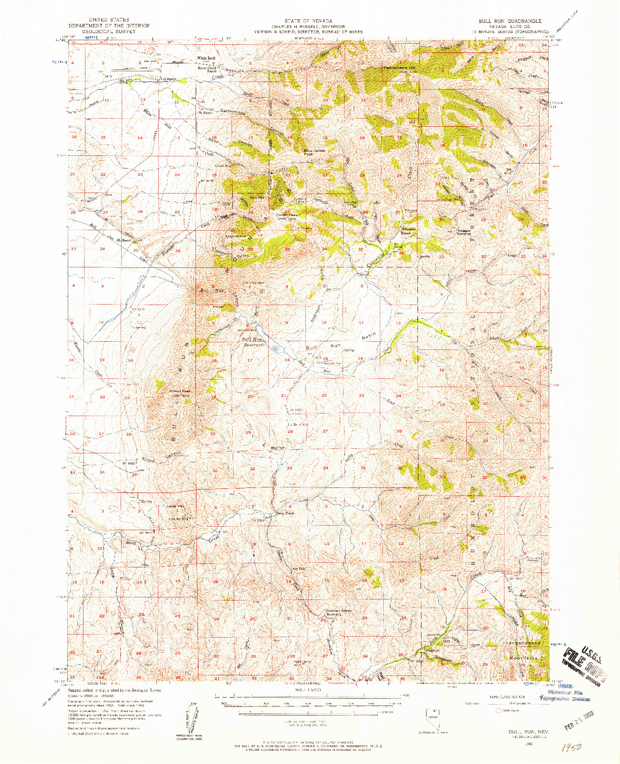 USGS 1:62500-SCALE QUADRANGLE FOR BULL RUN, NV 1956