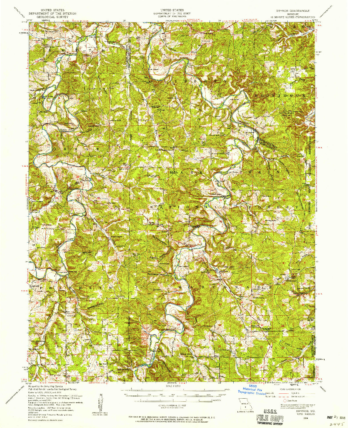 USGS 1:62500-SCALE QUADRANGLE FOR DRYNOB, MO 1954