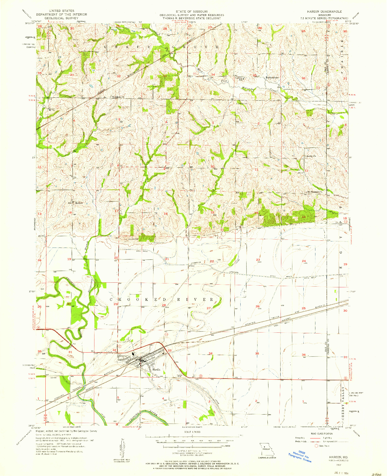 USGS 1:24000-SCALE QUADRANGLE FOR HARDIN, MO 1957