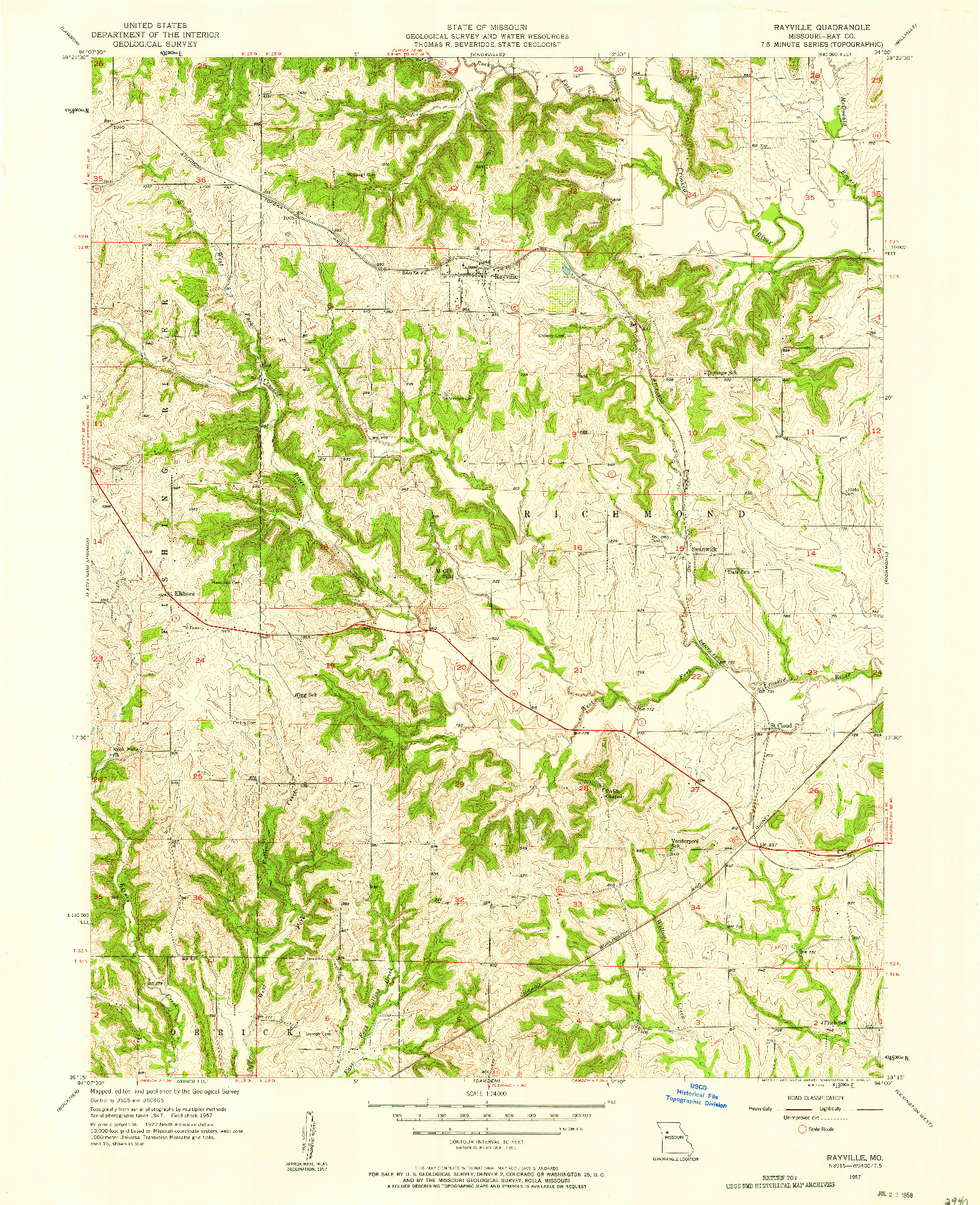 USGS 1:24000-SCALE QUADRANGLE FOR RAYVILLE, MO 1957