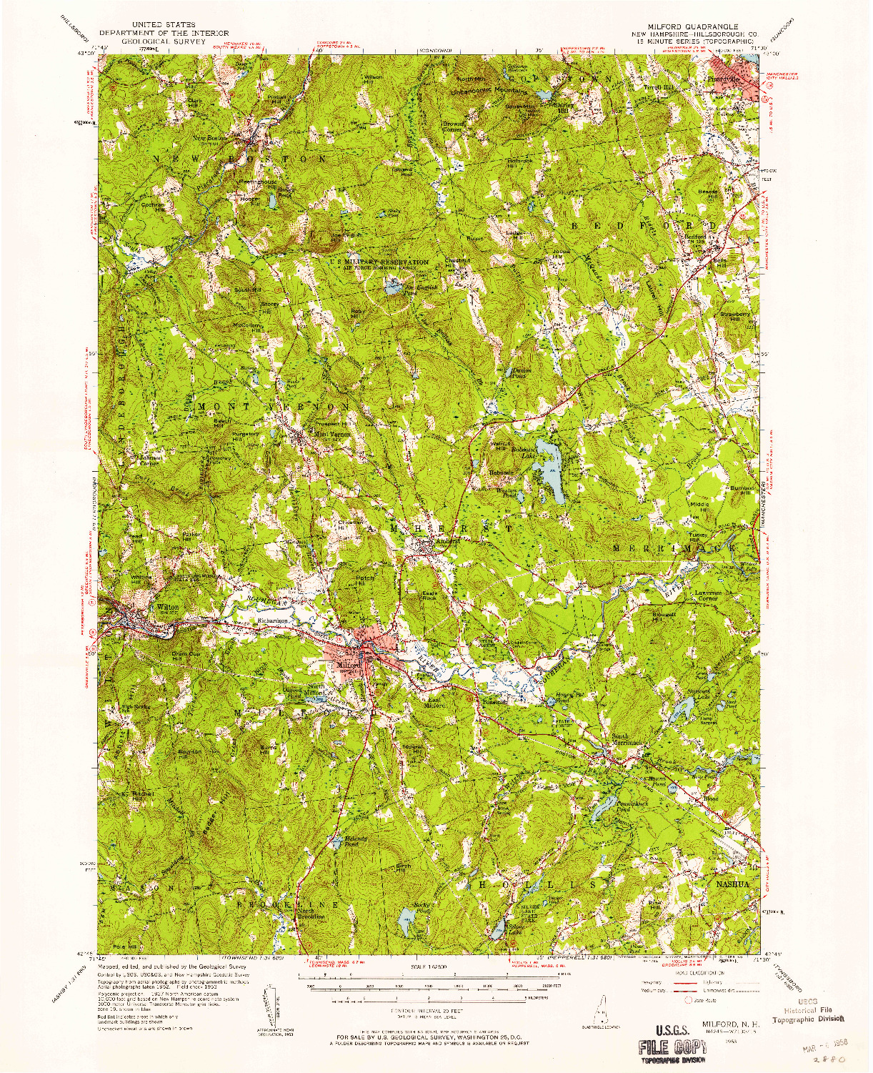 USGS 1:62500-SCALE QUADRANGLE FOR MILFORD, NH 1953