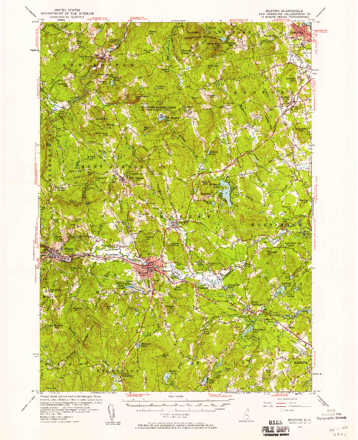 USGS 1:62500-SCALE QUADRANGLE FOR MILFORD, NH 1953