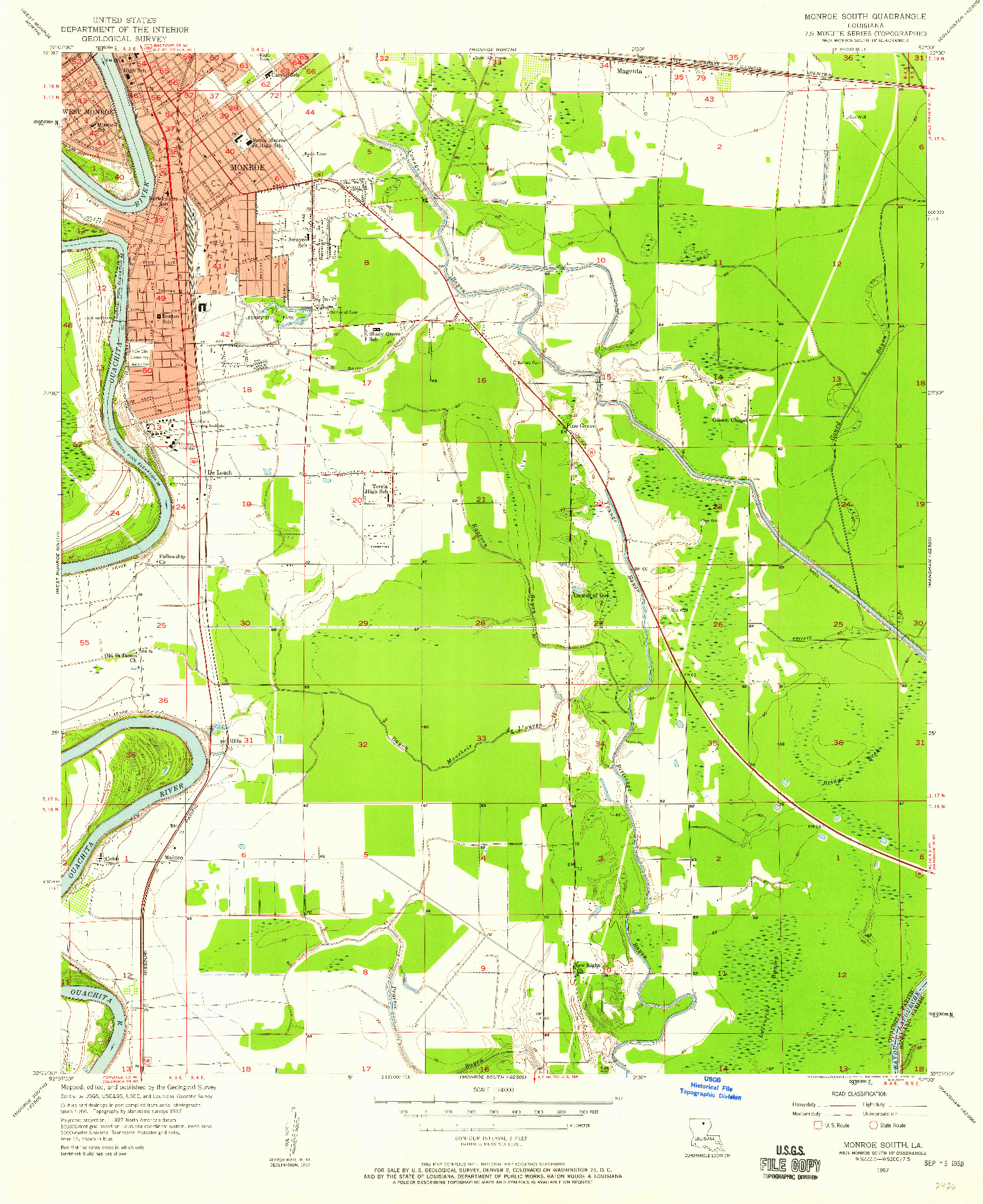 USGS 1:24000-SCALE QUADRANGLE FOR MONROE SOUTH, LA 1957