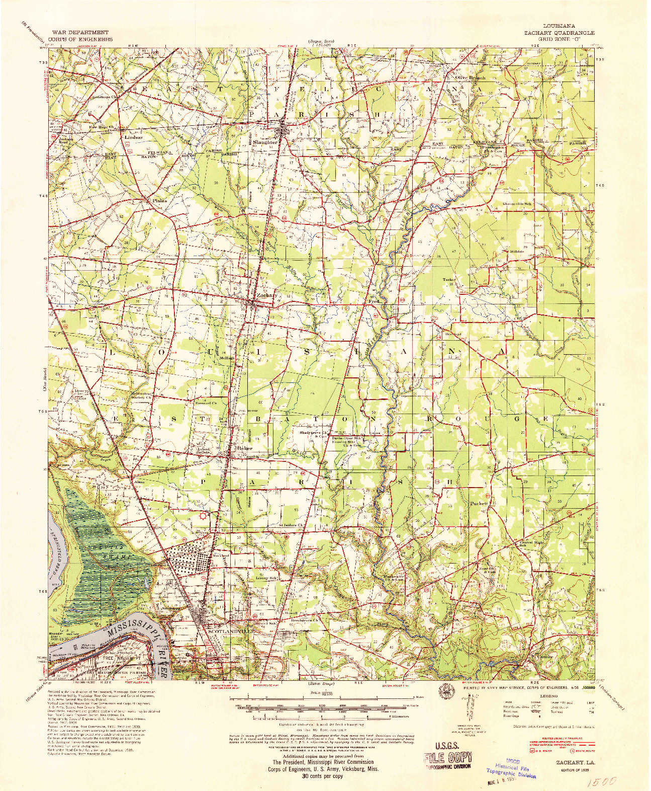 USGS 1:62500-SCALE QUADRANGLE FOR ZACHARY, LA 1939