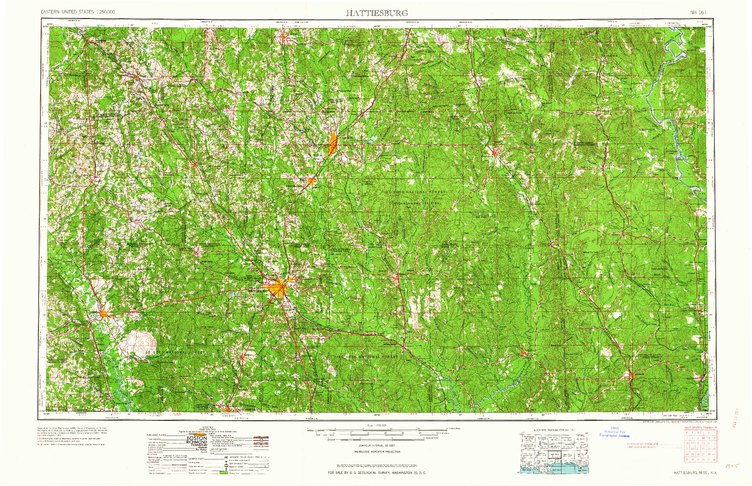 USGS 1:250000-SCALE QUADRANGLE FOR HATTIESBURG, MS 1958