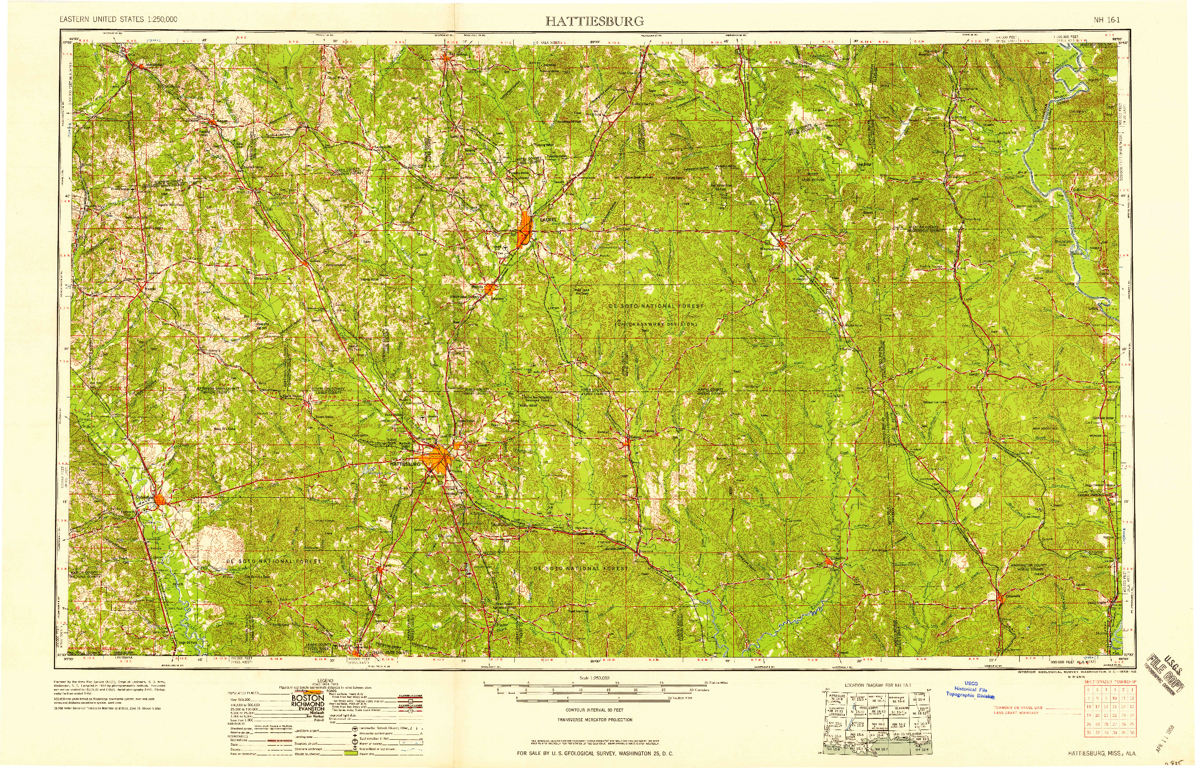 USGS 1:250000-SCALE QUADRANGLE FOR HATTIESBURG, MS 1958