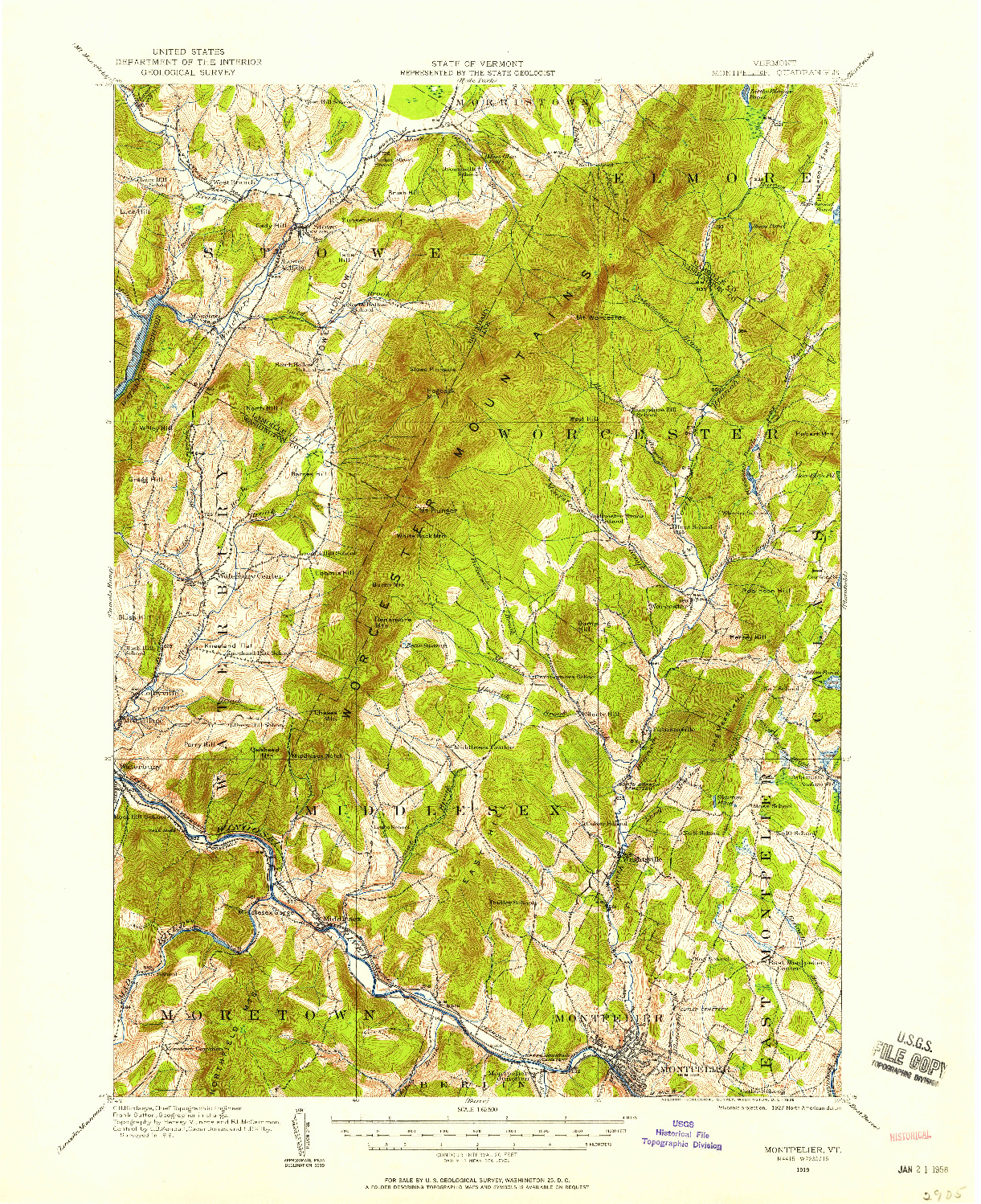 USGS 1:62500-SCALE QUADRANGLE FOR MONTPELIER, VT 1919