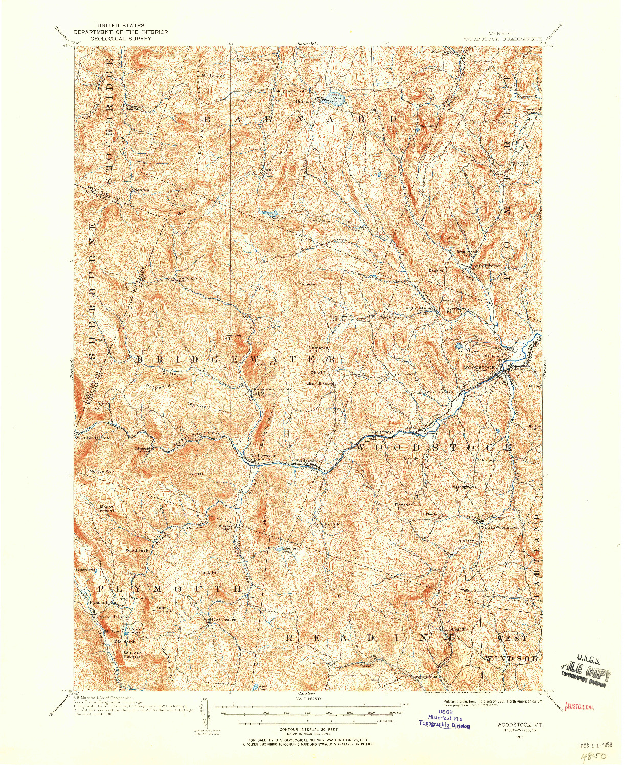 USGS 1:62500-SCALE QUADRANGLE FOR WOODSTOCK, VT 1911