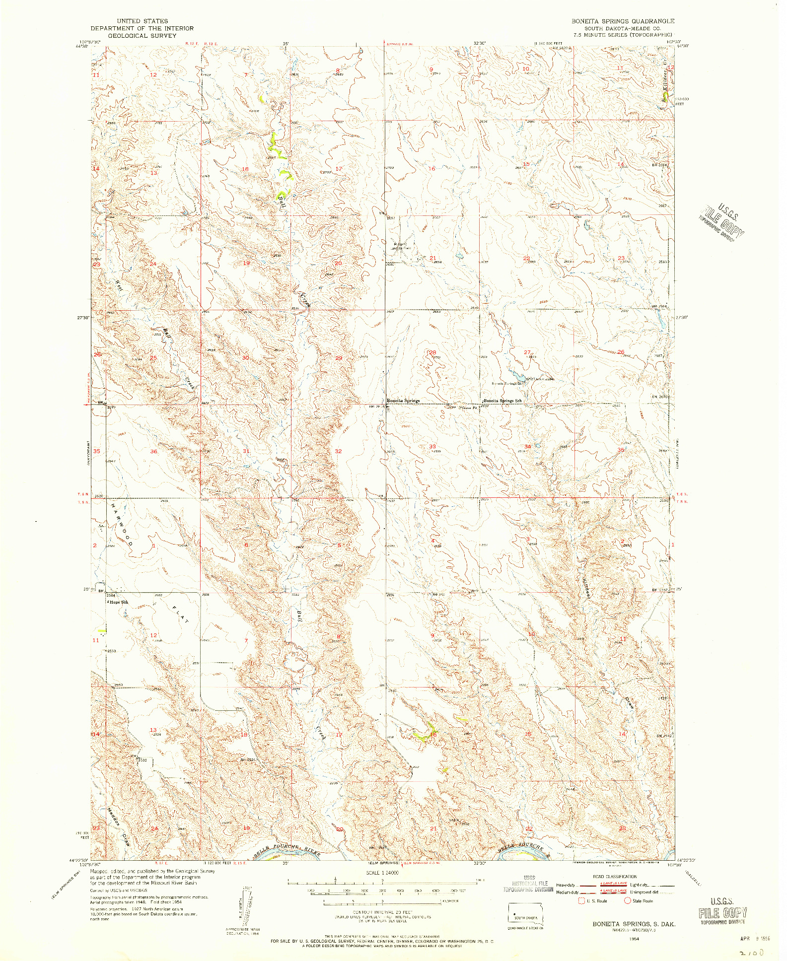 USGS 1:24000-SCALE QUADRANGLE FOR BONEITA SPRINGS, SD 1954