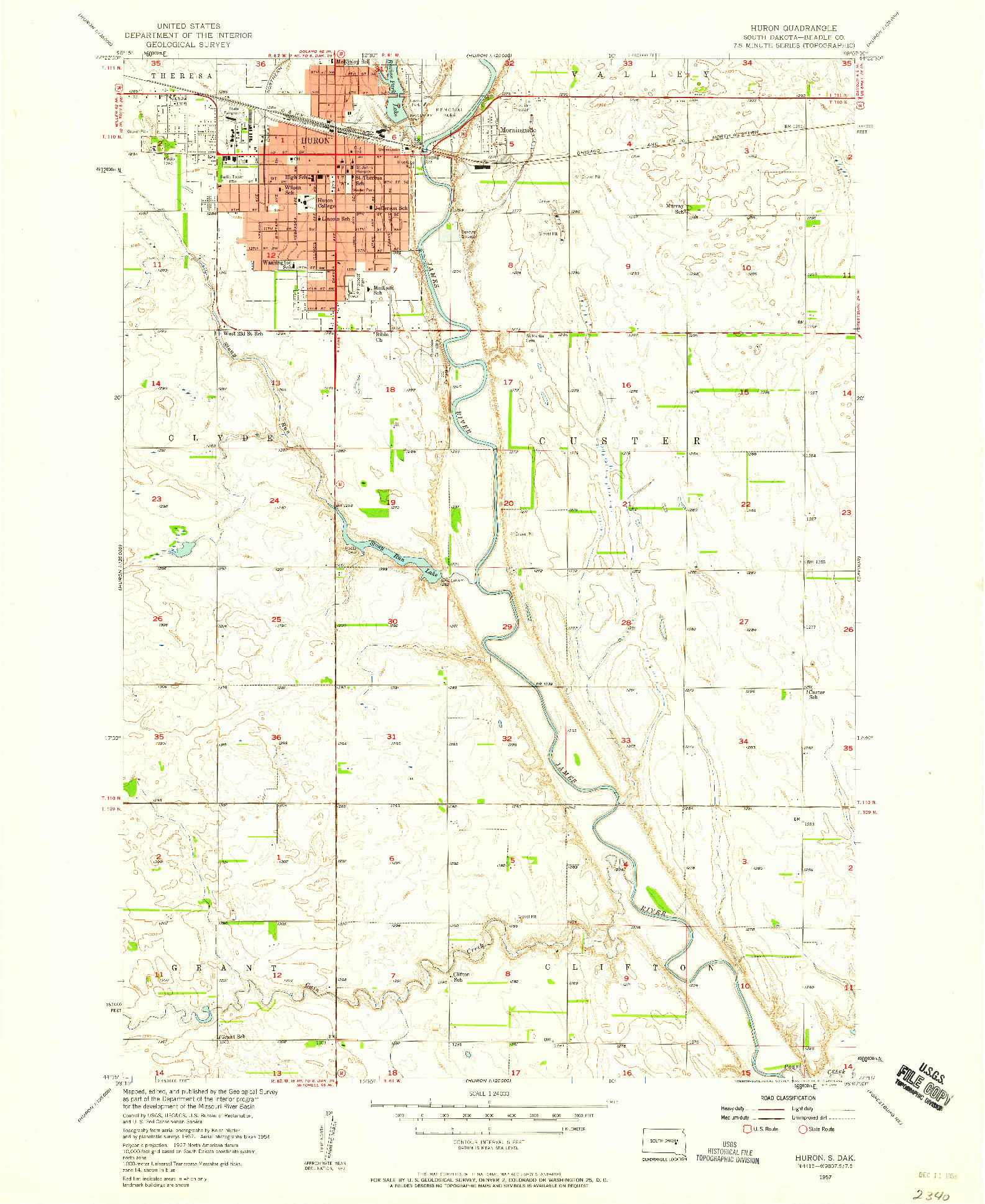 USGS 1:24000-SCALE QUADRANGLE FOR HURON, SD 1957
