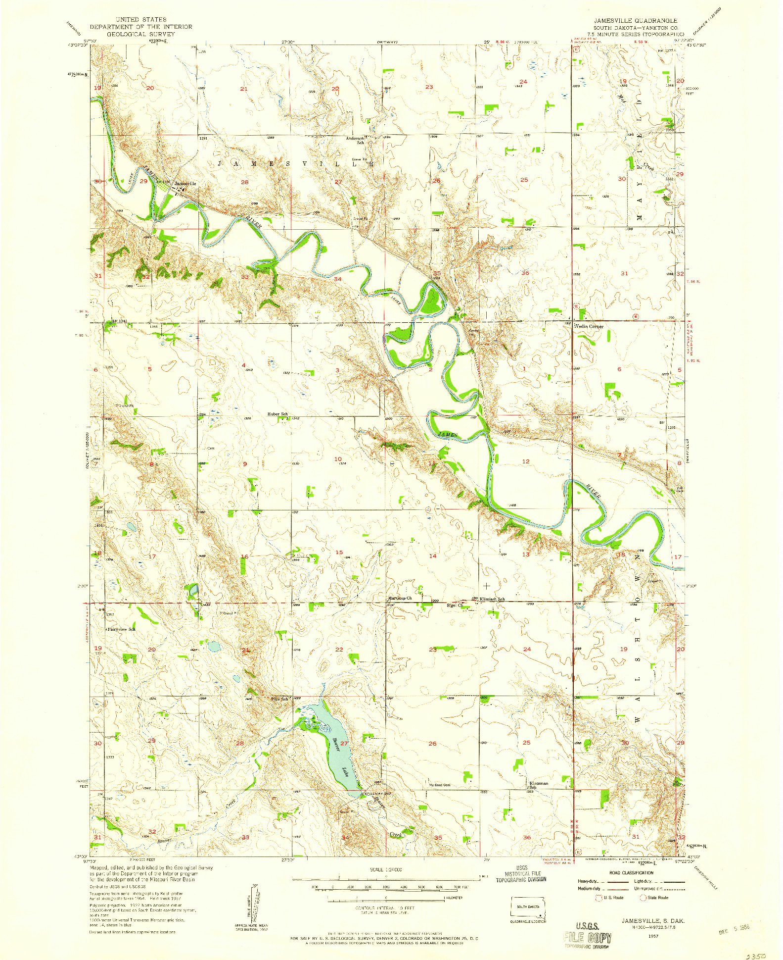 USGS 1:24000-SCALE QUADRANGLE FOR JAMESVILLE, SD 1957