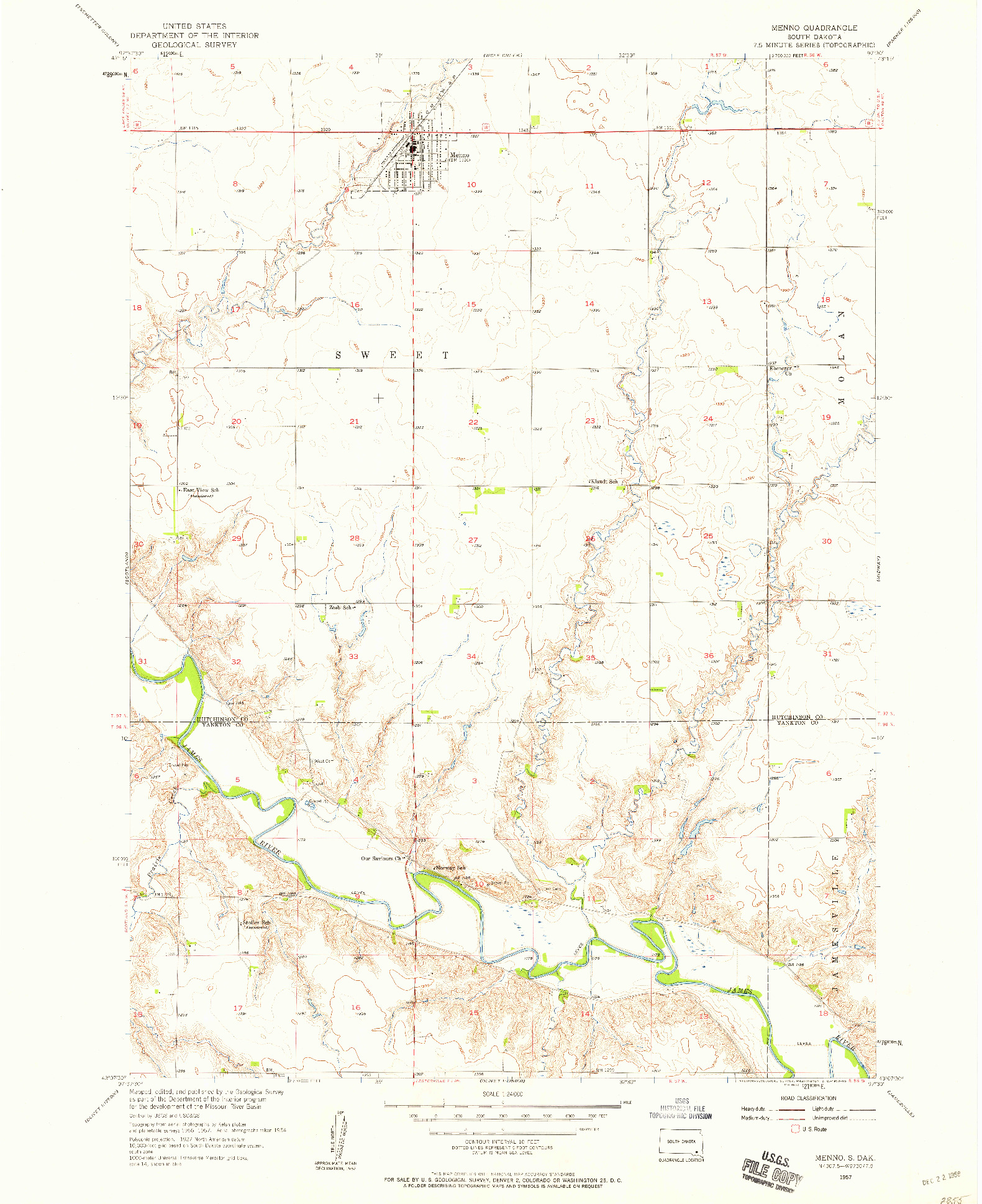 USGS 1:24000-SCALE QUADRANGLE FOR MENNO, SD 1957
