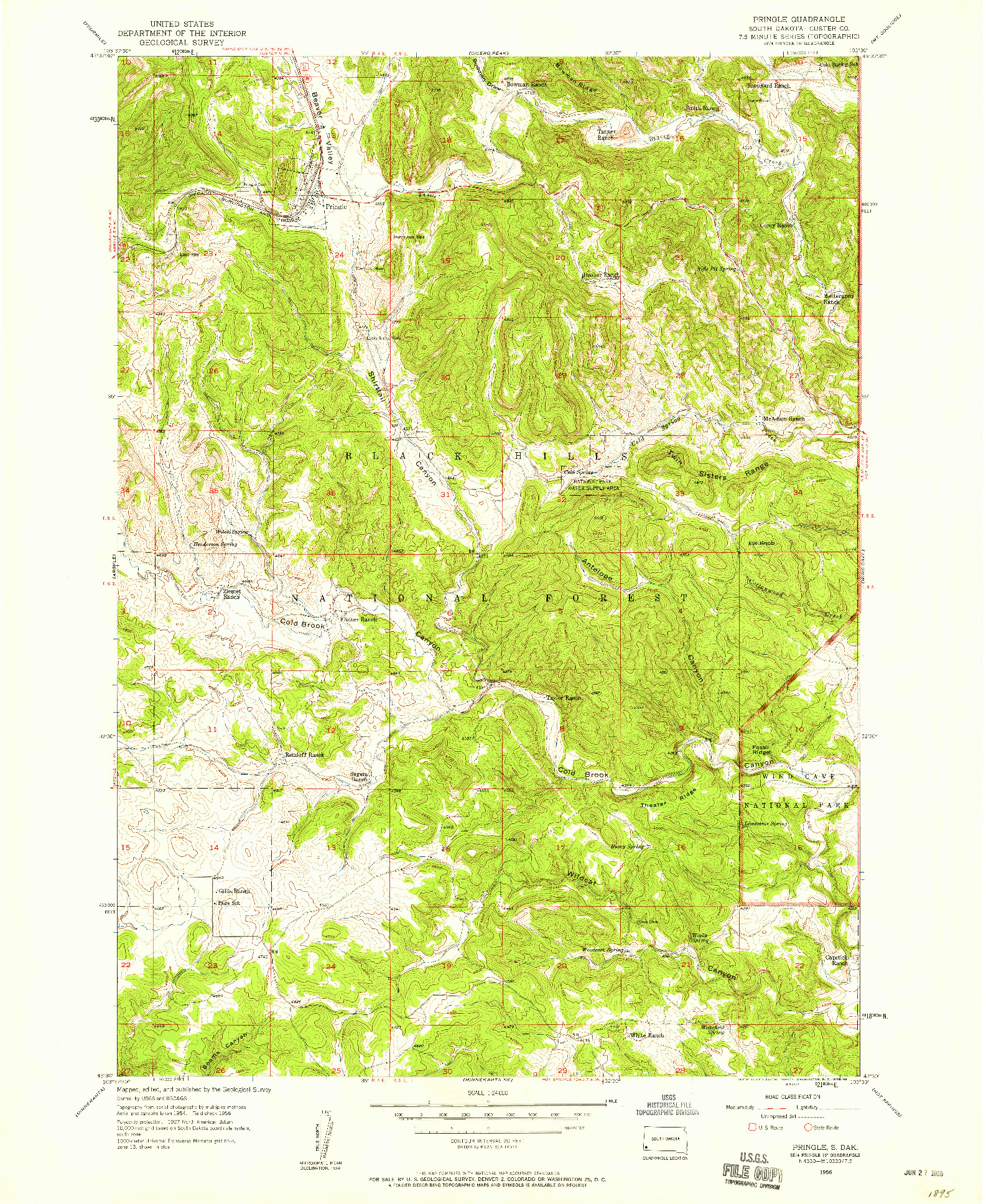 USGS 1:24000-SCALE QUADRANGLE FOR PRINGLE, SD 1956